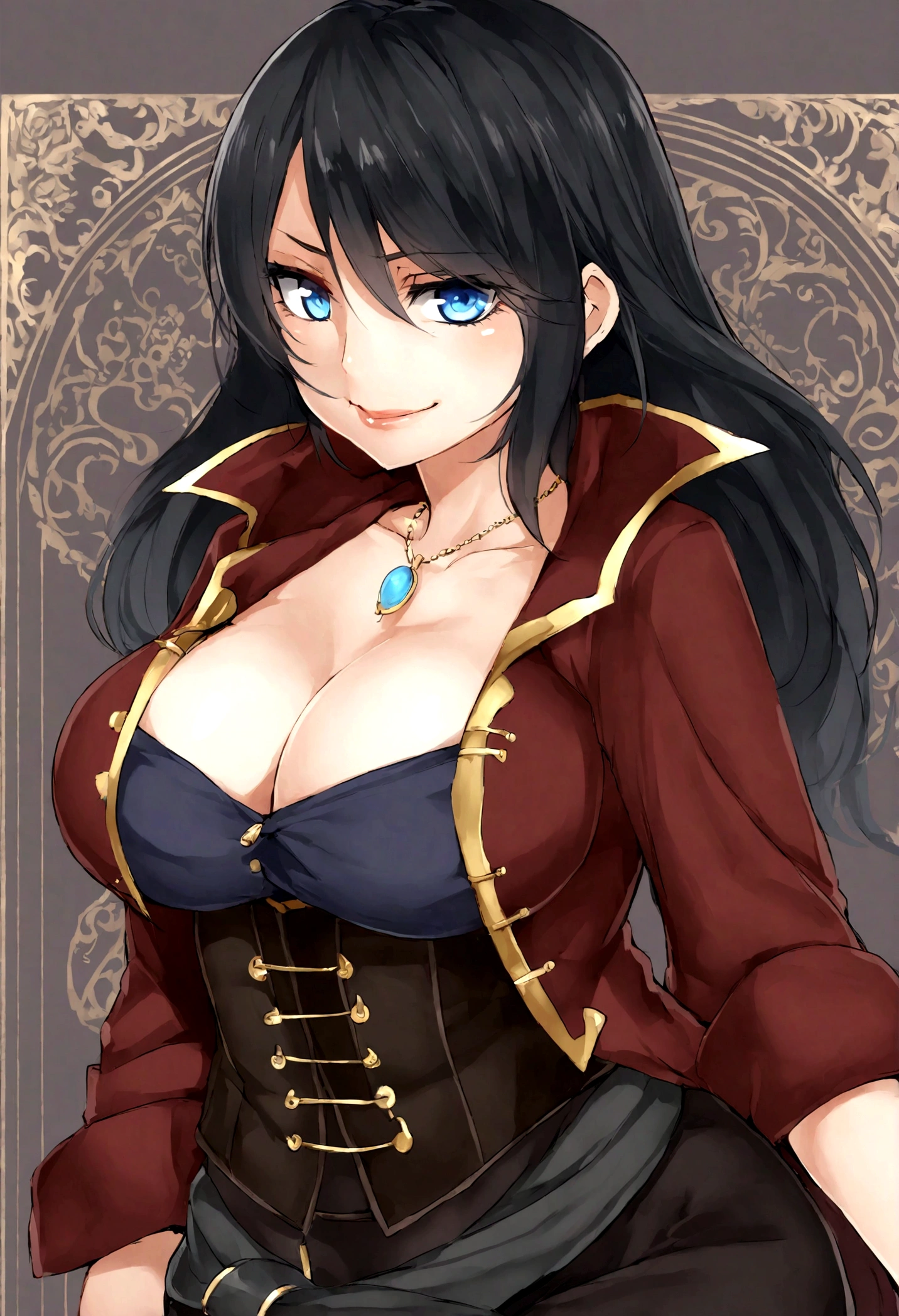 woman in her mid twenties, loose black hair, shoulder lenght hair,seductive eyes,lustful eyes,evil smile,blue eyes, pirates clothes, volumptious body, large breast,black leather corset, dark red coat with gold trimming, pendant shaped like a musical note, confident and relaxed pose