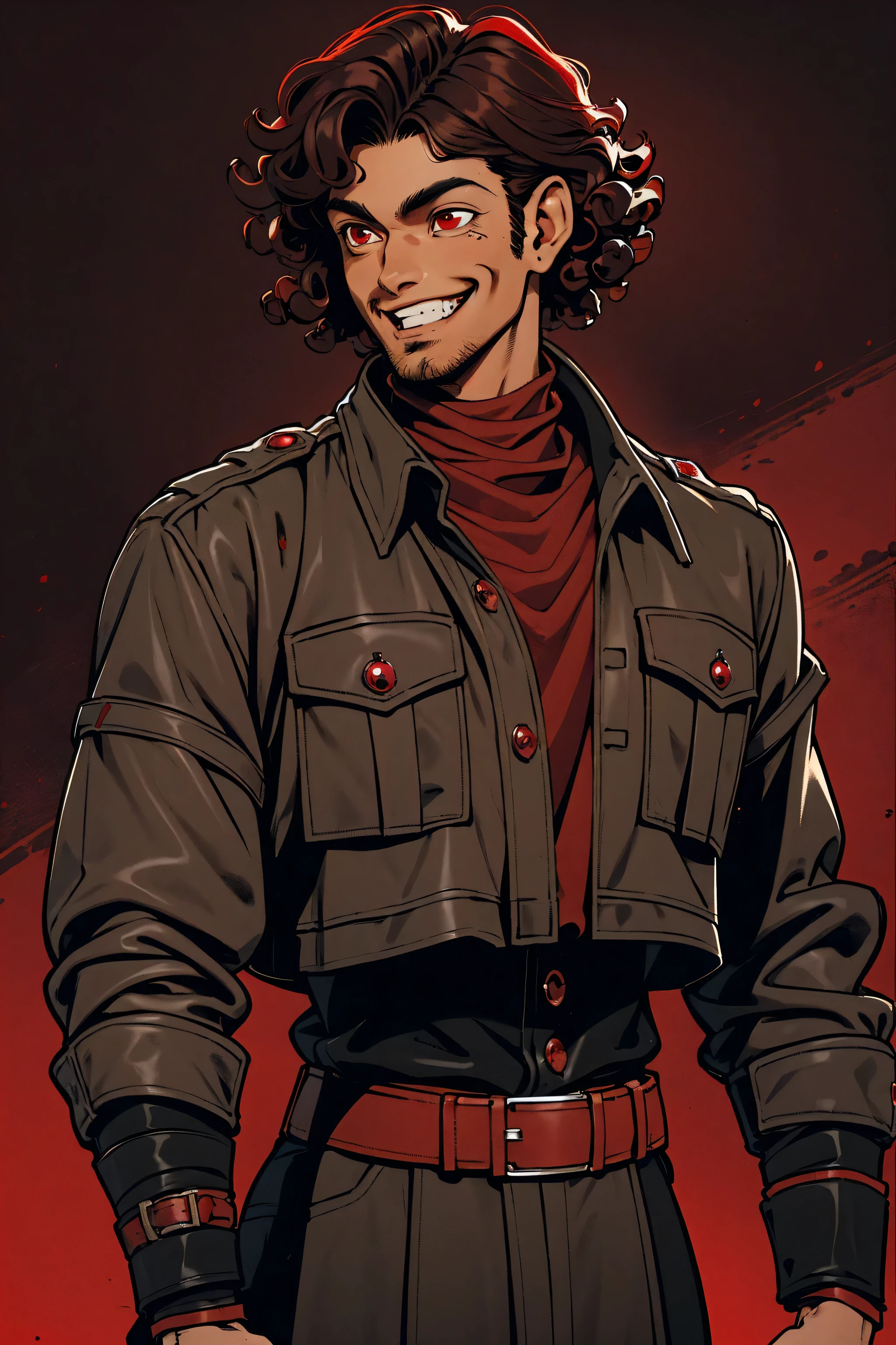 brown man, curly, medium hair, red eyes, black military jacket, baggy, smiling, masculine, robust, red background, science fiction, fantasy, malicious smile, in the style of Kentaro Miura