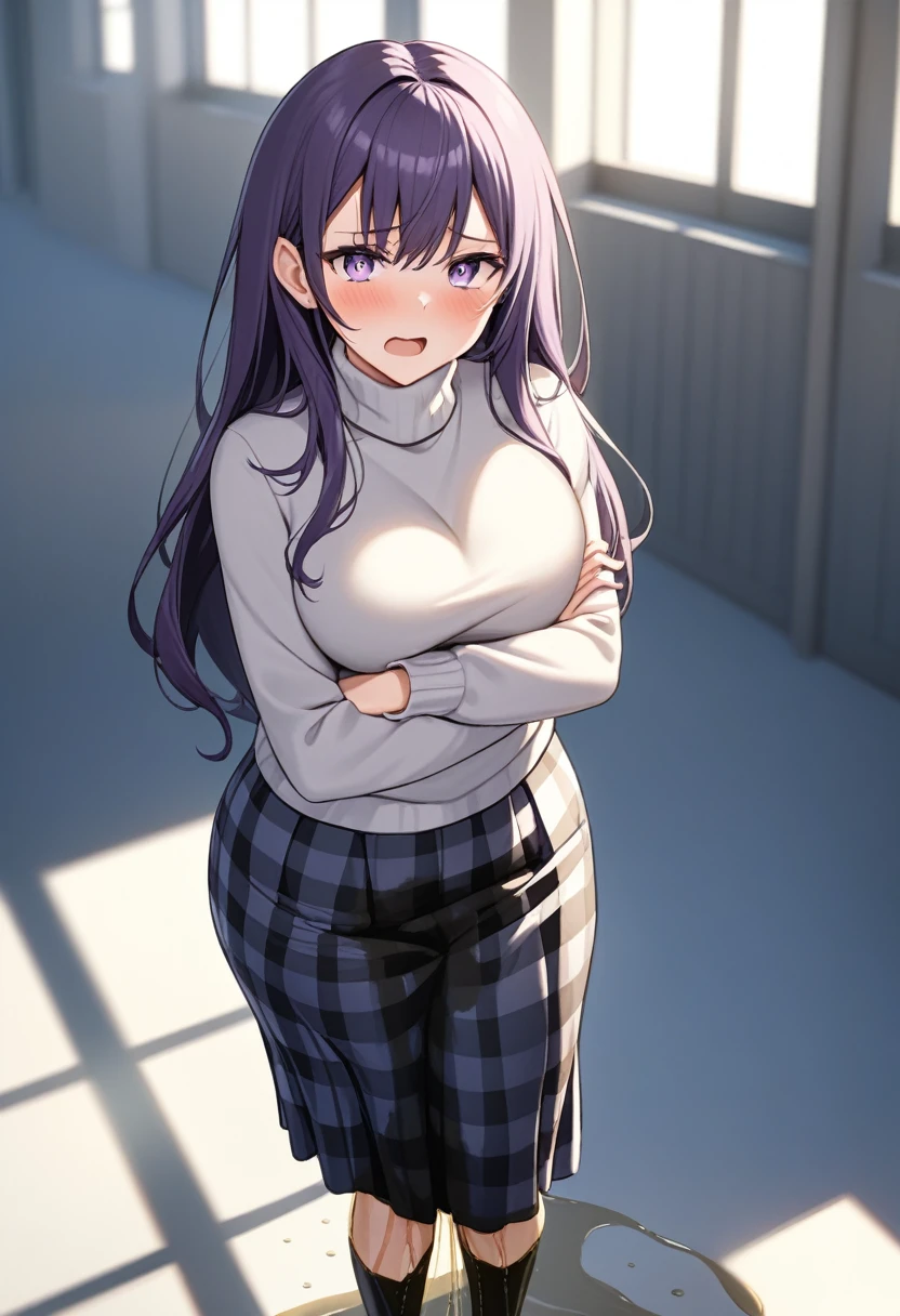 (masterpiece:1.37), best quality, (extremely detailed:1.37), office, window overlooking a bustling cityscape, woman, mature, (very long hair:1.25), dark purple hair, purple eyes, (extremely detailed eyes:1.37) shining eyes, breasts, turtleneck sweater, (long skirt:1.25), multicolored skirt, (checkered skirt:1.5), (wetting herself:1.5), standing, (arms crossed:1.5), embarrassed, humiliation, blushing, angry, open mouth, day, daytime, glow, looking at viewer, perfect composition, Perfect light and shadow, 8K