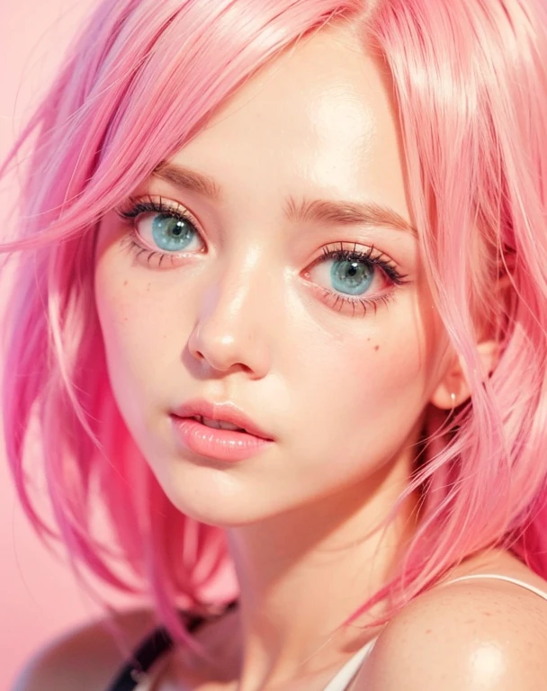 young woman, short shoulder-length pink hair, wide forehead, porcelain skin, pink eyebrows, big emerald green eyes, buttoned nose, full lips, heart-shaped face, slender body, small breasts, red tank top, Sakura Haruno , realistic, realism, details, 3d, well detailed
