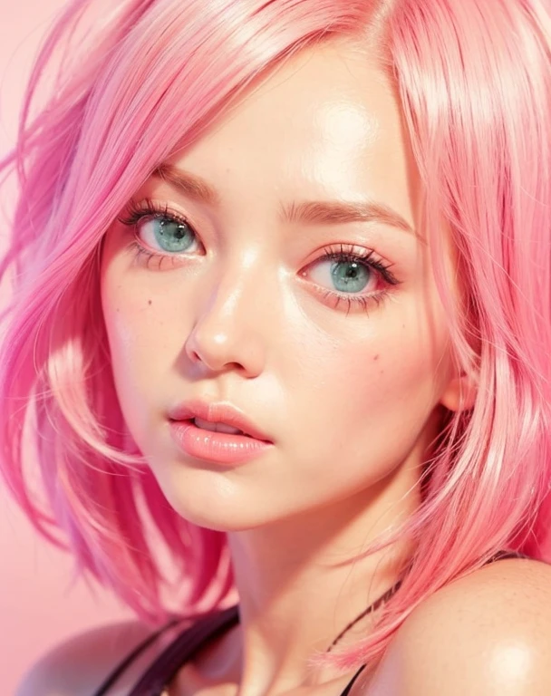 young woman, short shoulder-length pink hair, wide forehead, porcelain skin, pink eyebrows, big emerald green eyes, buttoned nose, full lips, heart-shaped face, slender body, small breasts, red tank top, Sakura Haruno , realistic, realism, details, 3d, well detailed
