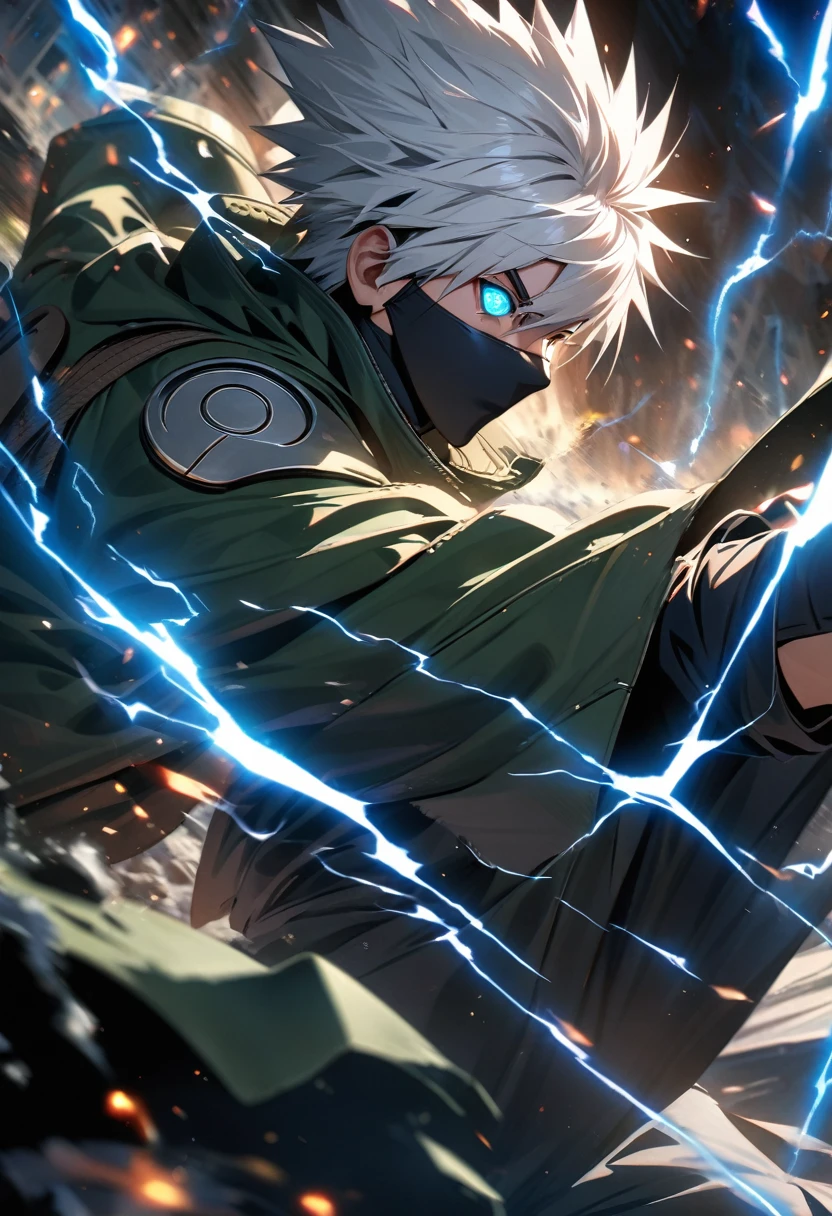 absurdres, highres, ultra detailed, HDR, masterpiece, extremely detailed face and eyes,KAKASHI,white hair ,green jacket, Naruto,black masker , solo, man, handsome, ,, , Epic fight scene, blue lightning effect, glowing glitters