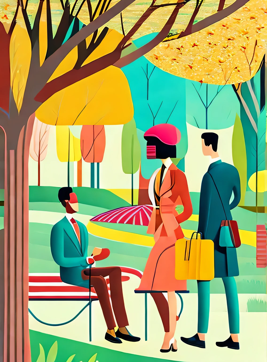 Vector illustration of young, fashionable men and women picnicking in the park, with flowing lines and warm colors set against a white background. The scene captures the essence of a modern, stylish park environment, where young people gather to relax and enjoy each other's company. The design features clean, simple lines and a limited color palette, emphasizing the sophisticated beauty of the urban park setting. The characters, with their youthful energy and trendy outfits, embody the vibrancy and grace of city life. The super saturated, vivid, and bright colors, rendered in a pop art vector style, lend a sense of surrealism and whimsy to the scene, creating a visually captivating and memorable composition.