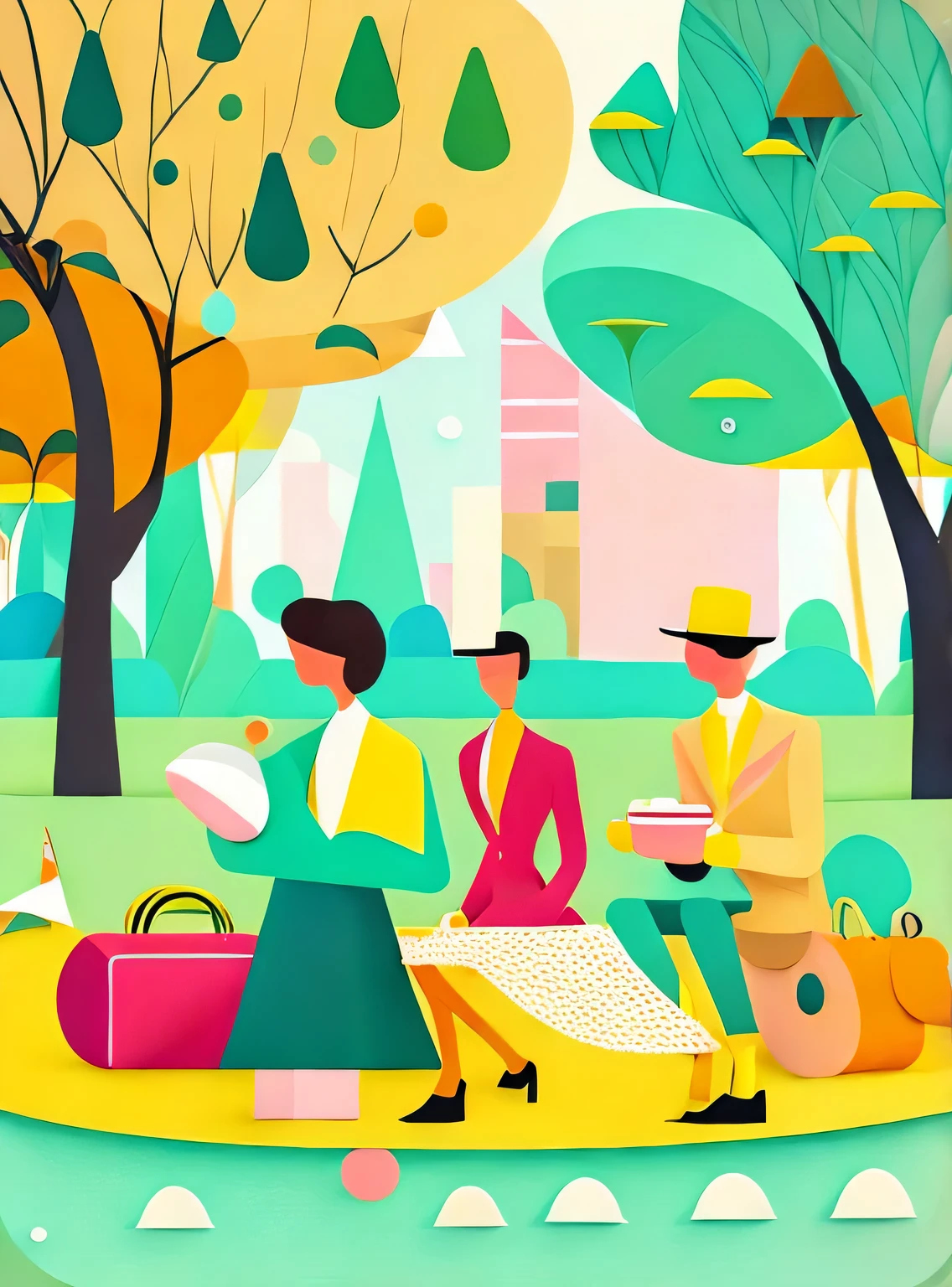 Vector illustration of young, fashionable men and women picnicking in the park, with flowing lines and warm colors set against a white background. The scene captures the essence of a modern, stylish park environment, where young people gather to relax and enjoy each other's company. The design features clean, simple lines and a limited color palette, emphasizing the sophisticated beauty of the urban park setting. The characters, with their youthful energy and trendy outfits, embody the vibrancy and grace of city life. The super saturated, vivid, and bright colors, rendered in a pop art vector style, lend a sense of surrealism and whimsy to the scene, creating a visually captivating and memorable composition.