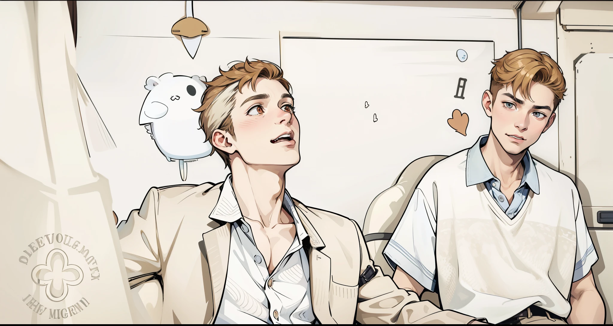There is an evil 50-year-old man and a cute 17-year-old young man with honey-colored eyes.