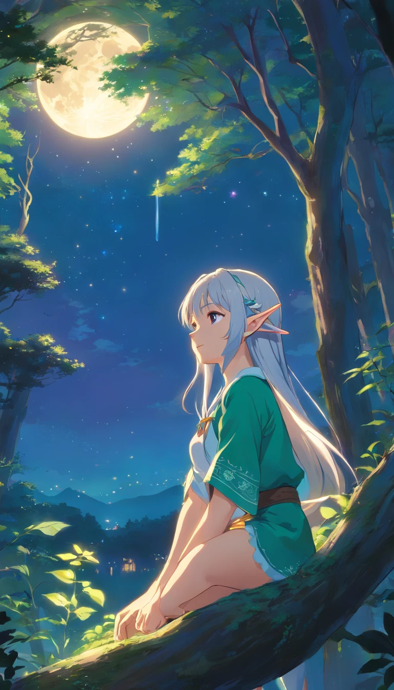 A young elf woman, with silver hair and bright purple eyes, is sitting on a tree, surrounded by a dense and lush forest. The night is bluish and clear, with the full moon shining brightly in the sky. Deers dance around your head, creating a magical and decorated environment. The young woman seems to be a part of the night, her skin shining with a touch of magic. She seems to be a mysterious and attractive figure, her serene expression and her relaxed posture. The scene conveys a sense of harmony and connection with nature, as if the young elf were an integral part of the wild world that surrounds her.