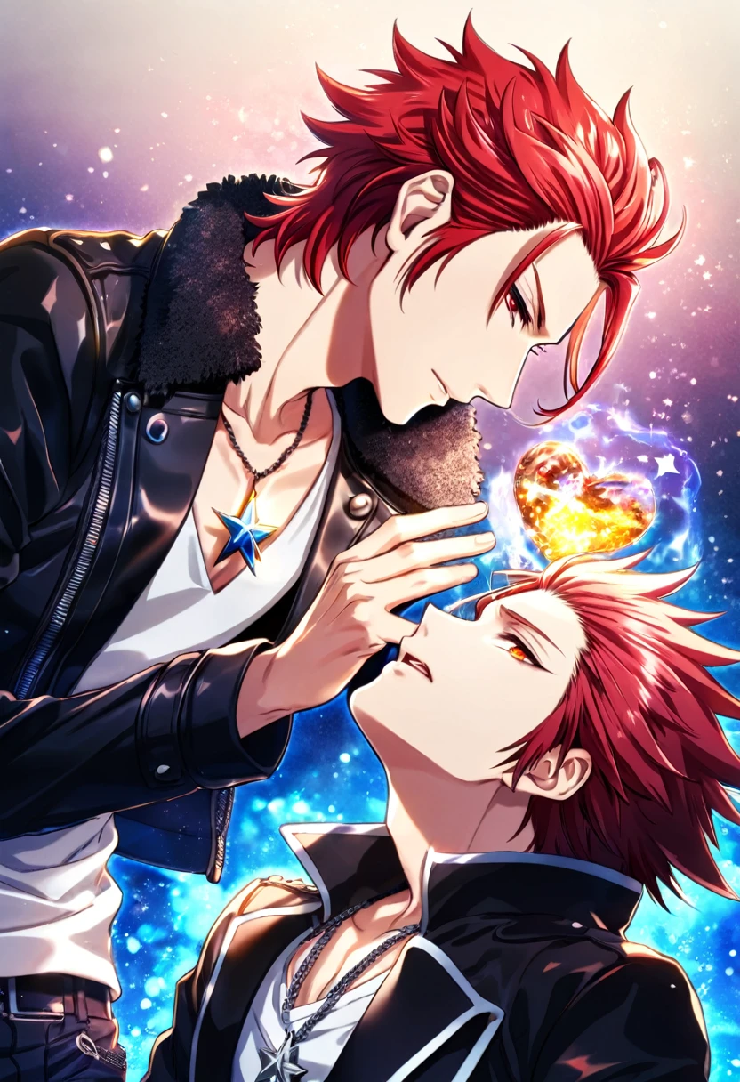 (absurdres, highres, ultra detailed, HDR) master piece, best quality, Suoh Mikoto, red hair, hair is kept short, ruffled, slicked back and spiked, with two strands of hair near the opposite sides of his head falling over his face, expressive amber eyes, black leather jacket with a black fur collar, a white V-neck shirt underneath, silver star-shaped necklace, K Project, Reiki, black hair, expressive blue eyes, two sexy men together, gay couple, yaoi, handsome, toned chest, white leather jacket, magical fantasy, glittering, sparkling, red lotus, red petals, radiant, red sparkling fireflies