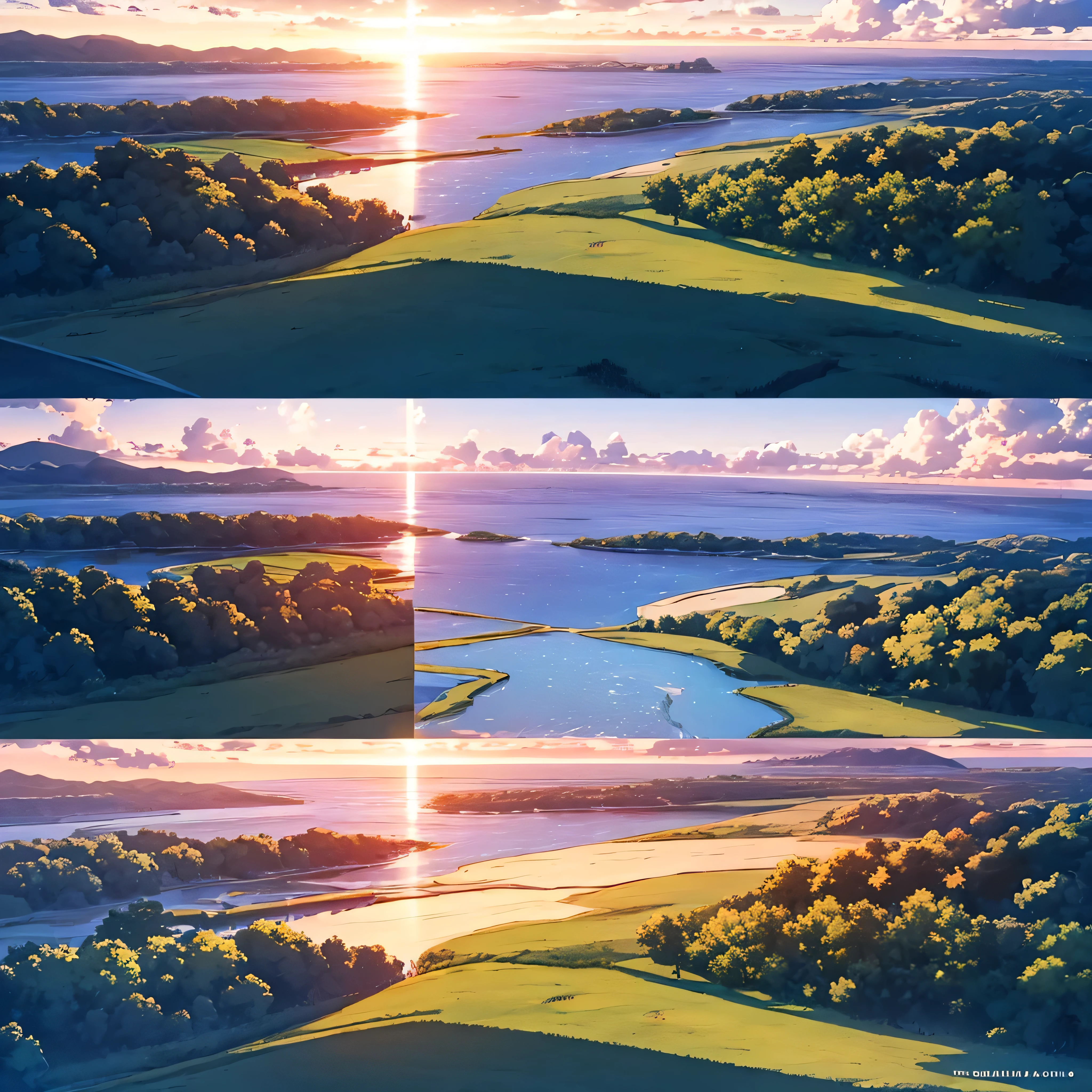 Sunset view over the ocean, seen from a tall tower (some trees in front), (Animation styles, anime setting)