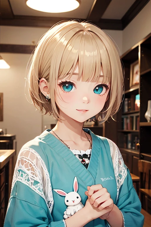 Chibi、Blonde Hair、Short Mash Hair、Turquoise Eyeasterpiece, highest quality, Delicate painting touch, Cinema Lighting, Chibi Character, Beautiful expression, Beautiful face modeling, Woman in rabbit costume, A room filled with cute accessories