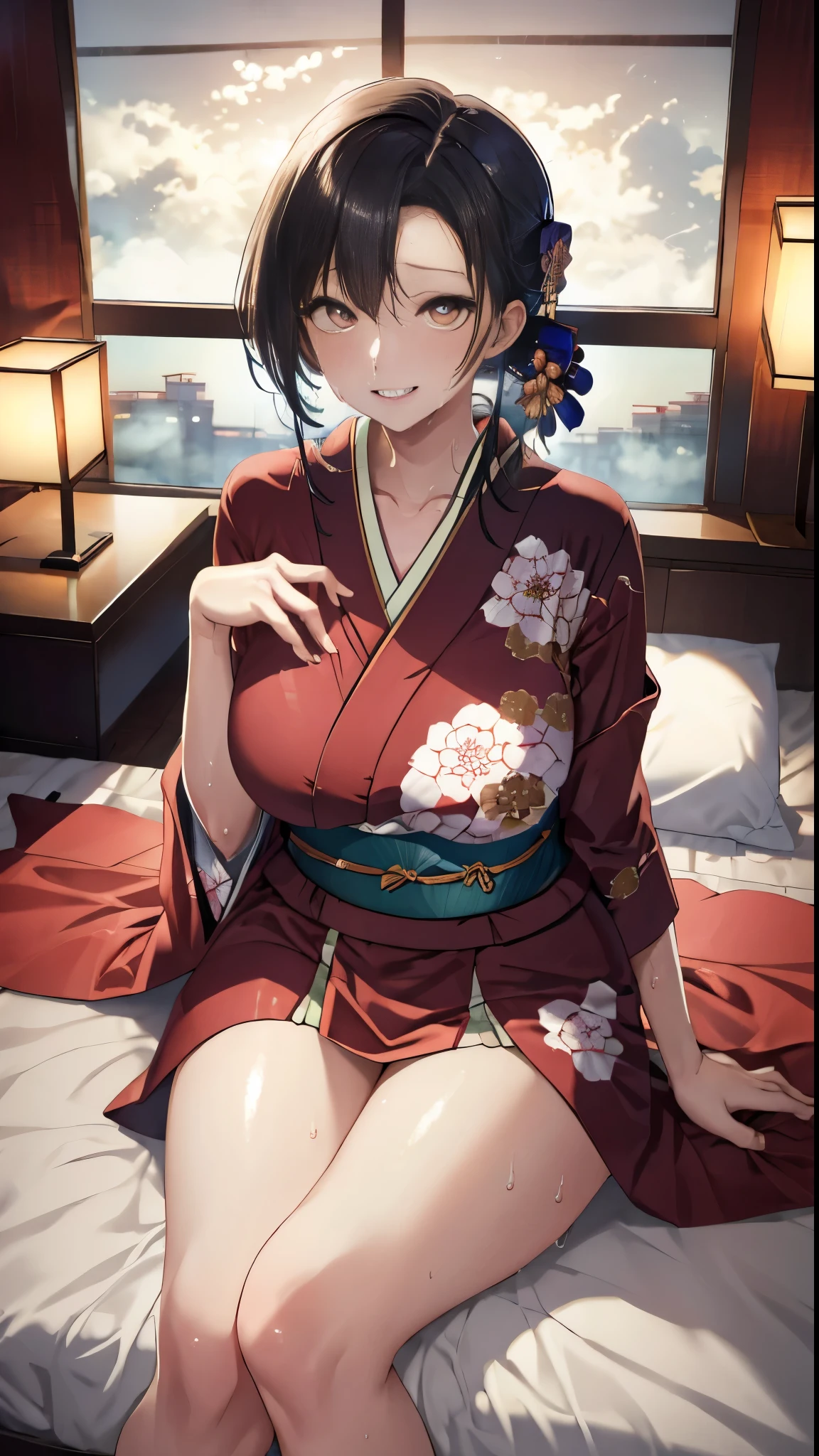 highest quality、highest quality、masterpiece、High-end、
,
(kimono:1.28),Heart-shaped pupils、
smile,Mouth closed,
Lady,Mature Woman, Cowboy Shot,
(Dark Room:1.5, Love hotel beds in Japan:1.5, Detailed Background:1.18),
High resolution,Official Art,original,masterpiece,highest quality, reality、
(Huge breasts),
 (Oily skin),((vapor,Sweat))
Sexy pose lying on the futon、Lie down with your legs apart