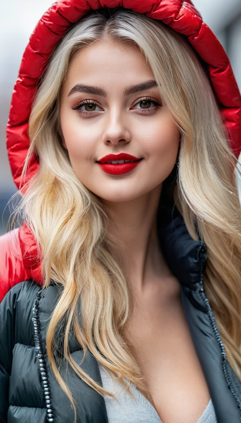 hyperrealistic beautiful busty 19-year-old woman with long legs wearing casual winter outfit with shiny puffer coat, model shooting full body photography, bleached blonde very long straight hair, soaky wet skin, dark eye makeup with eyeliner, seductive smile, red lips, 8K, Best quality, Meisterwerk, ultra high resolution, (Realismus: 1.4), Originalfoto, (realistische Hautstruktur: 1.3), (Filmkorn: 1.3), (Selfie-Winkel), 1 girl, Beautiful round hazel eyes and facial details, Meisterwerk, Best quality, outdoor photography