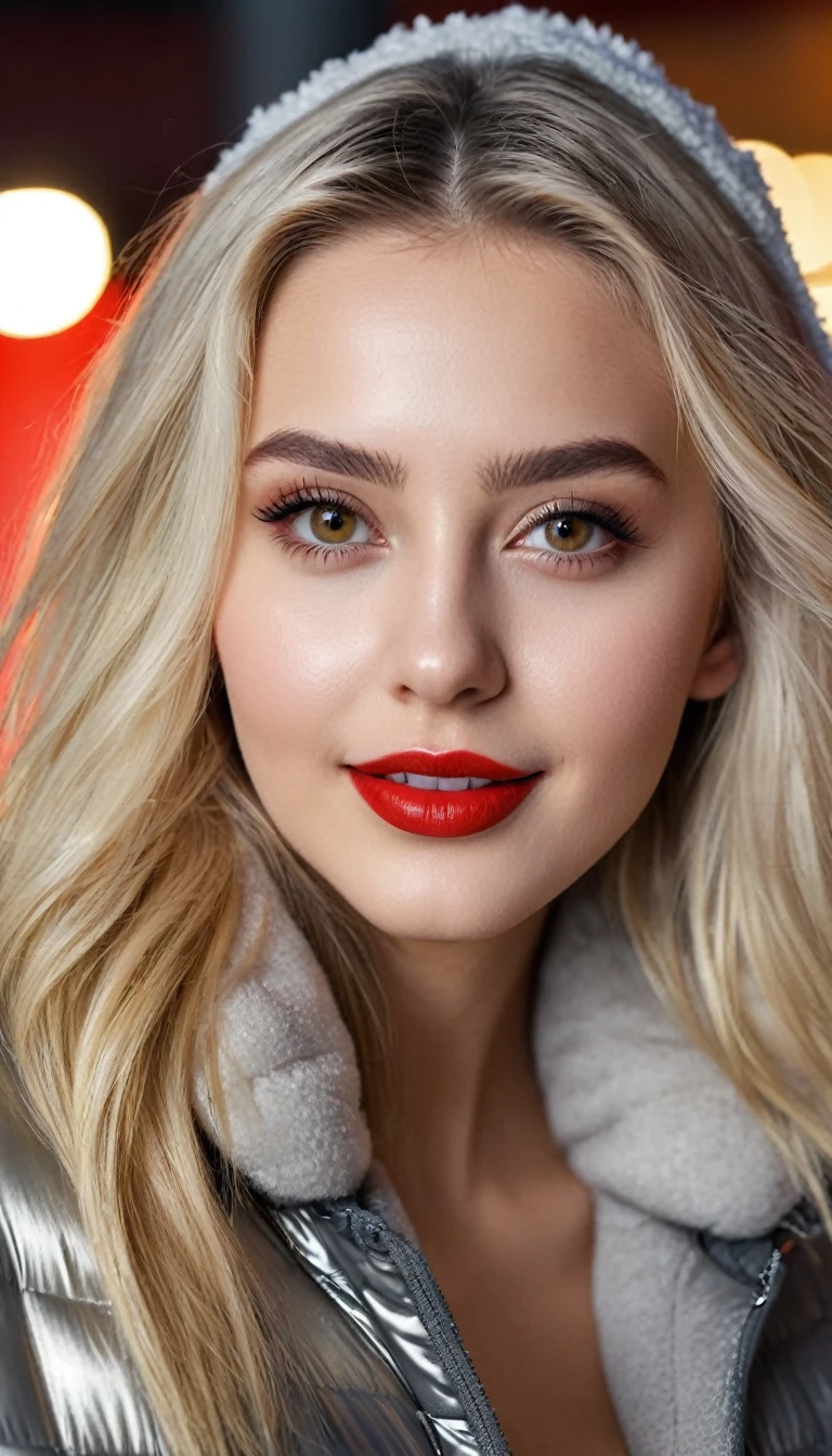 hyperrealistic beautiful busty 19-year-old woman with long legs wearing casual winter outfit with shiny puffer coat, model shooting full body photography, bleached blonde very long straight hair, soaky wet skin, dark eye makeup with eyeliner, seductive smile, red lips, 8K, Best quality, Meisterwerk, ultra high resolution, (Realismus: 1.4), Originalfoto, (realistische Hautstruktur: 1.3), (Filmkorn: 1.3), (Selfie-Winkel), 1 girl, Beautiful round hazel eyes and facial details, Meisterwerk, Best quality, outdoor photography