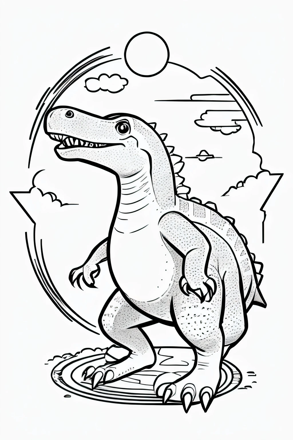 Create an illustration of a cute dinosaur for a kids' coloring book. The dinosaur should be in black and white, featuring simple and clear lines suitable for coloring. The style should be friendly and appealing to children, with a playful expression and round, non-threatening features. Ensure the resolution is high (300 DPI) to make it print-ready for a coloring book.