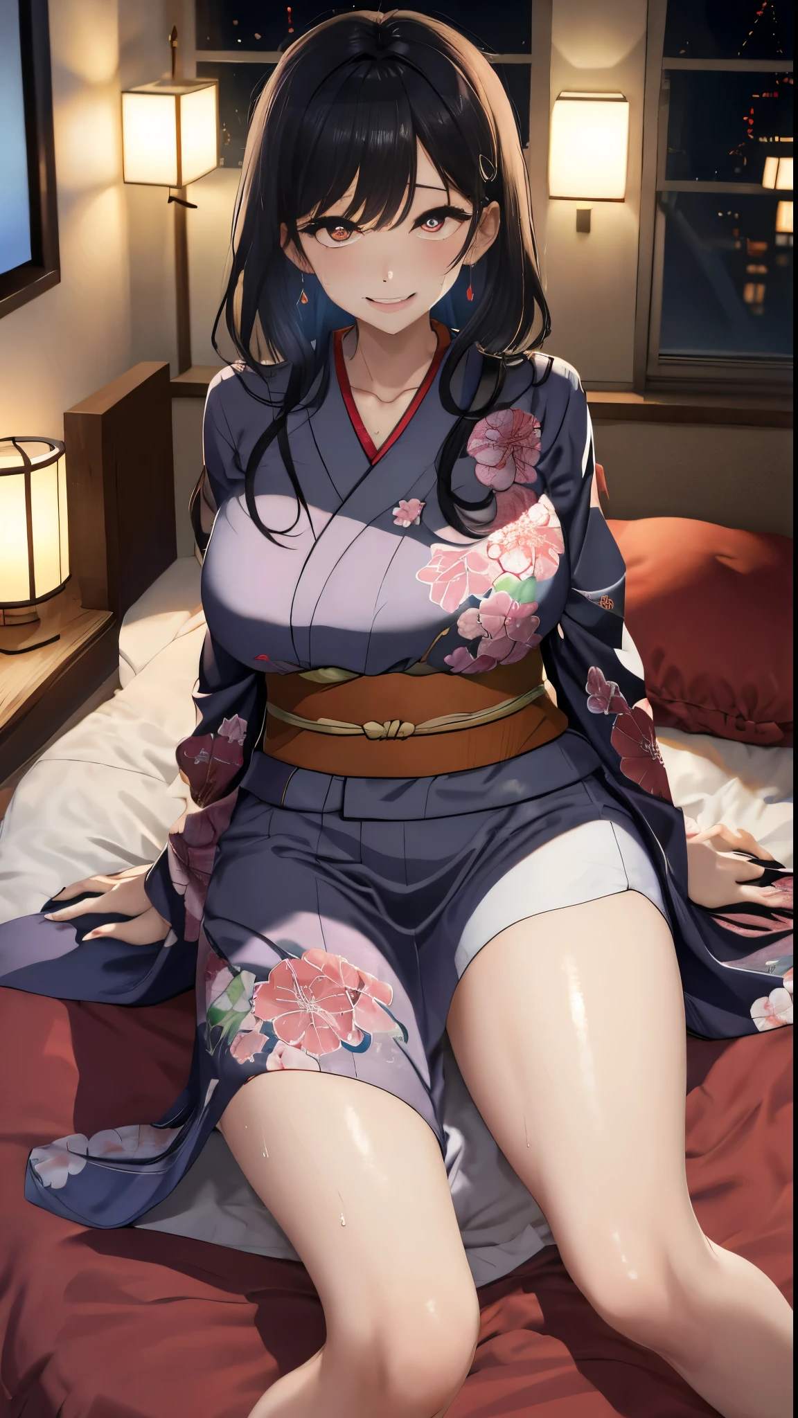 Masterpiece, raiden shogun, Purple Hair, Busty, Hot, Purple Yukata, Horny, Show pussy, wet pussy, thighs, Purple eyes, hair ornament, spread legs, bedroom