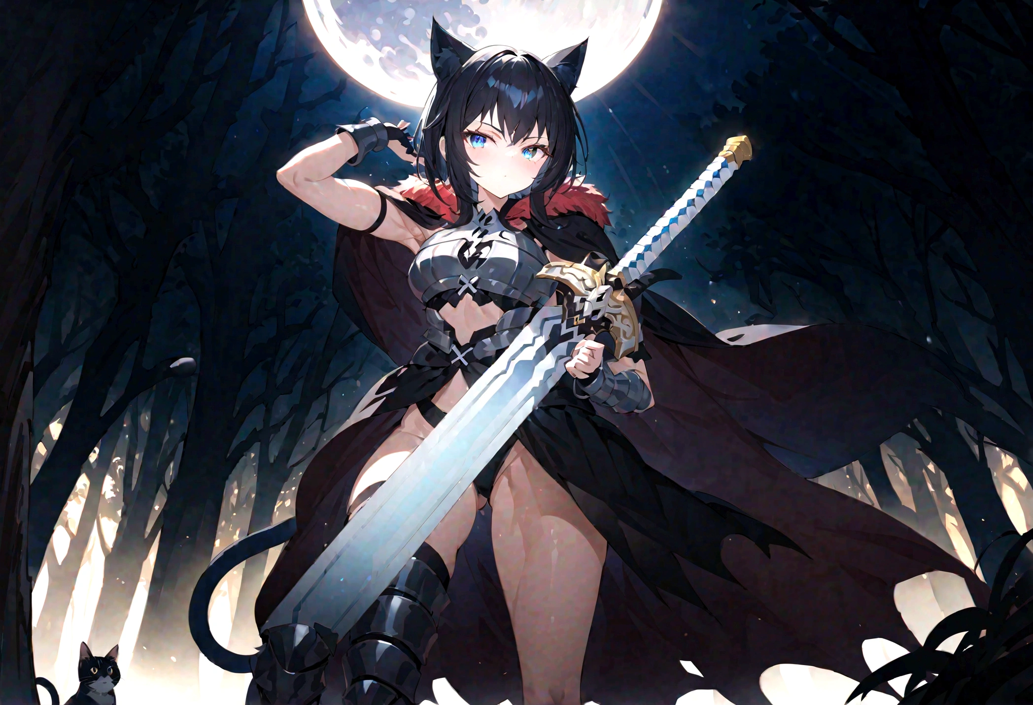 Fantasy, 1 tiny_little_ Girl, ()++, 10yoender_child, cat_ears, Cape,Outdoor,bikini, Shy, (bare_groin,bare_waist)++, hold_huge_sword_hilt, Solo, Thighs, covered_,apart_legs, smile, happy, black_hair, navel_naked, slender_legs,tiny_slender_thighs,dynamic_posing, open_mouth, spread_legs, fang,