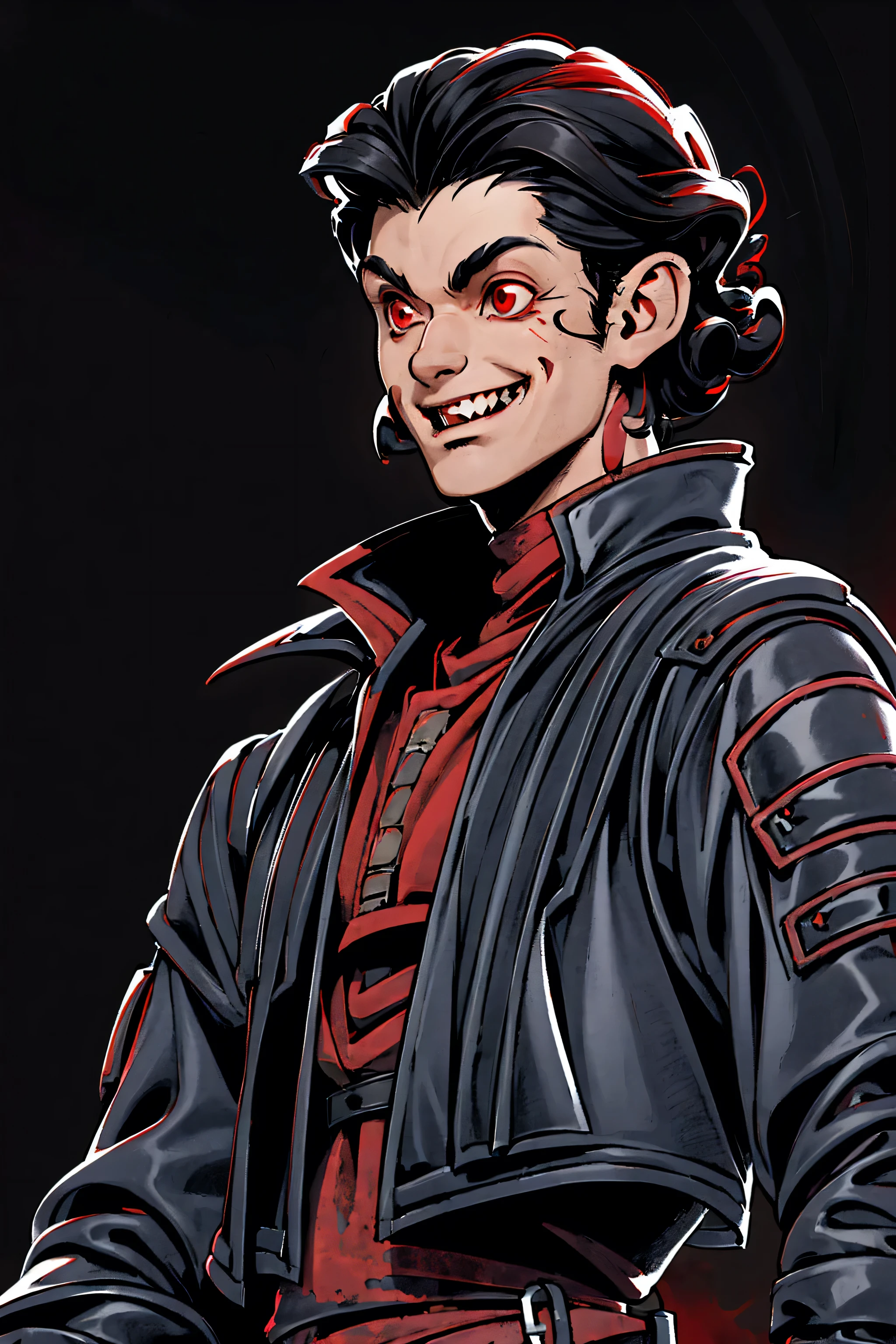 man, curly, black hair, vampire, red eyes, black military jacket, baggy, smiling, masculine, robust, red background, science fiction, fantasy, malicious smile, in the style of Kentaro Miura