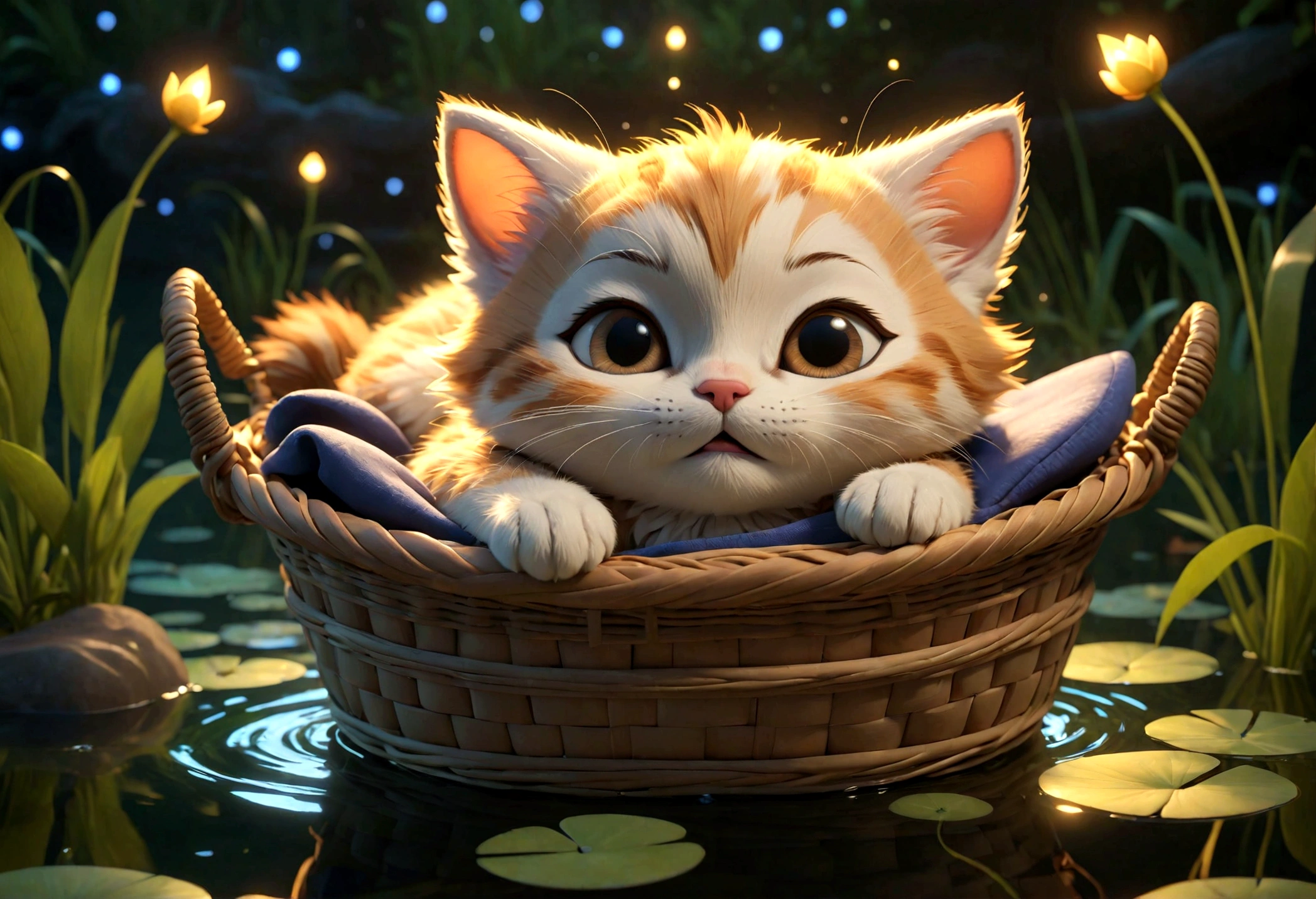 Disney Pixar cartoon character, chibi, sleeping, eyes closed, kitten, cute sleeping, sleeping, belly up, in a magical lighted basket floating in a small lake, background with magical glow, unreal engine rendering, 8k