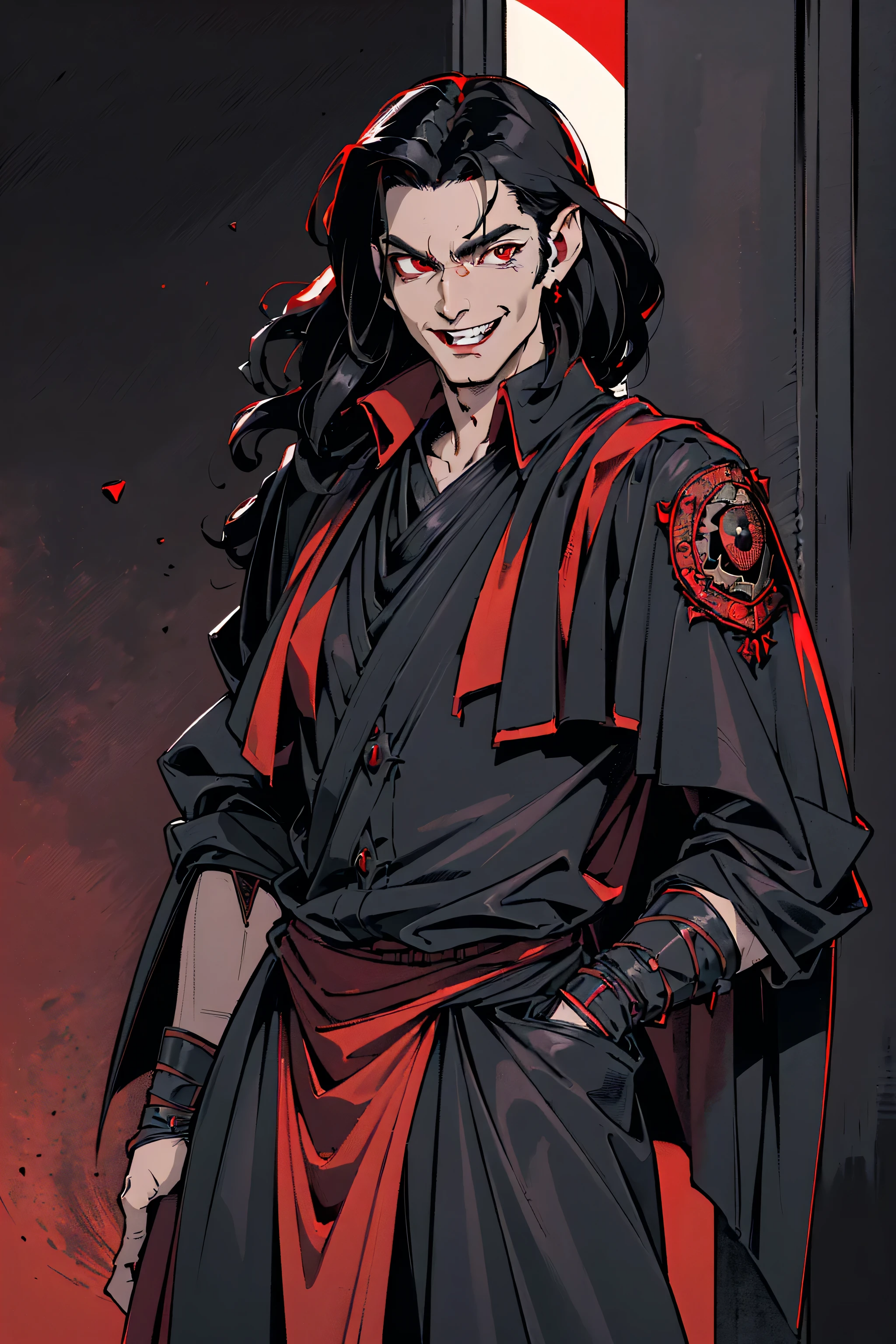 a man with long black hair, vampire, red eyes, wearing a black military jacket, masculine, robust, smiling maliciously, (best quality,4k,8k,highres,masterpiece:1.2),ultra-detailed), science fiction, fantasy, red background, in the style of Kentaro Miura, loraeyes