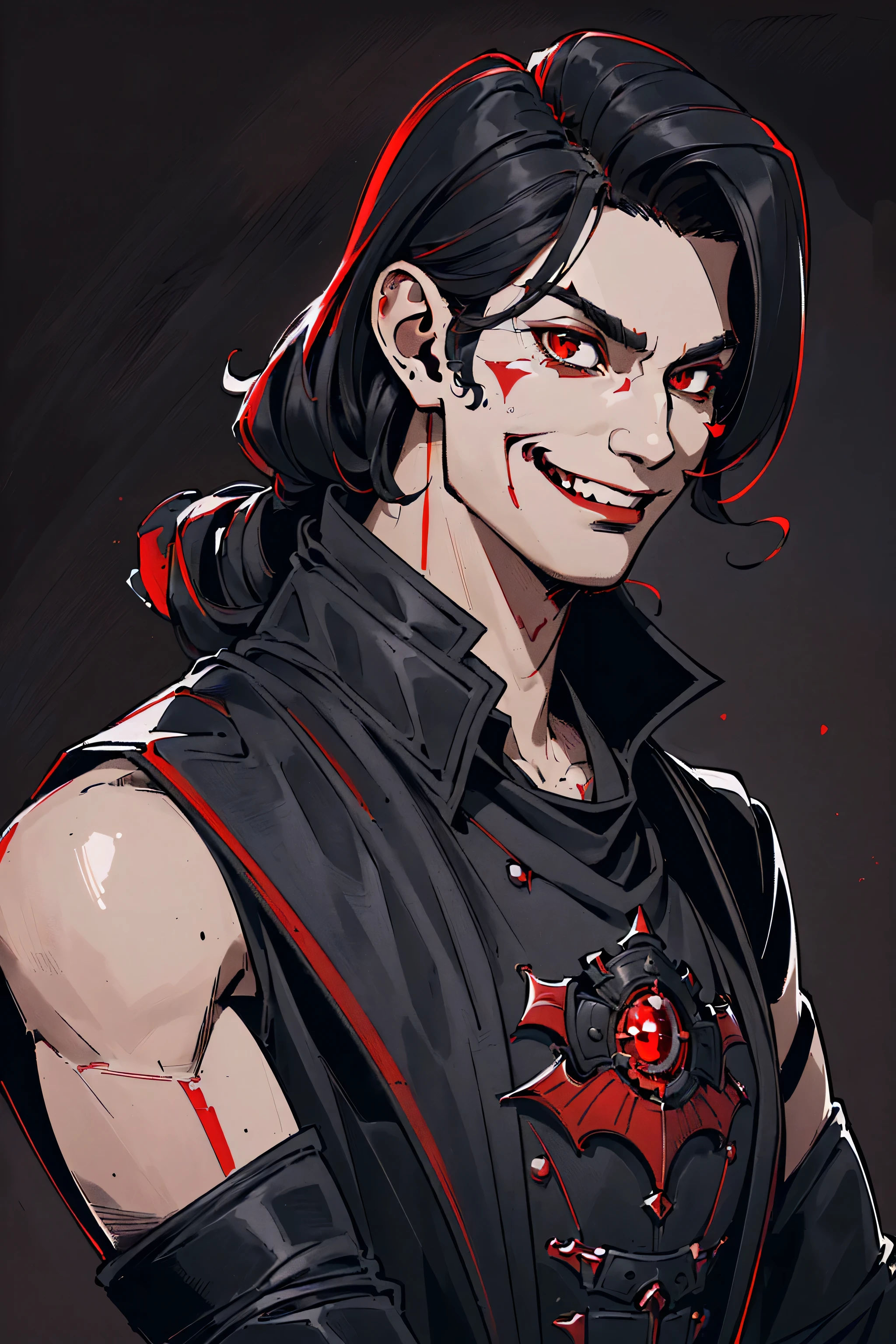 a man with long black hair, vampire, red eyes, wearing a black military jacket, masculine, robust, smiling maliciously, (best quality,4k,8k,highres,masterpiece:1.2),ultra-detailed), science fiction, fantasy, red background, in the style of Kentaro Miura, loraeyes
