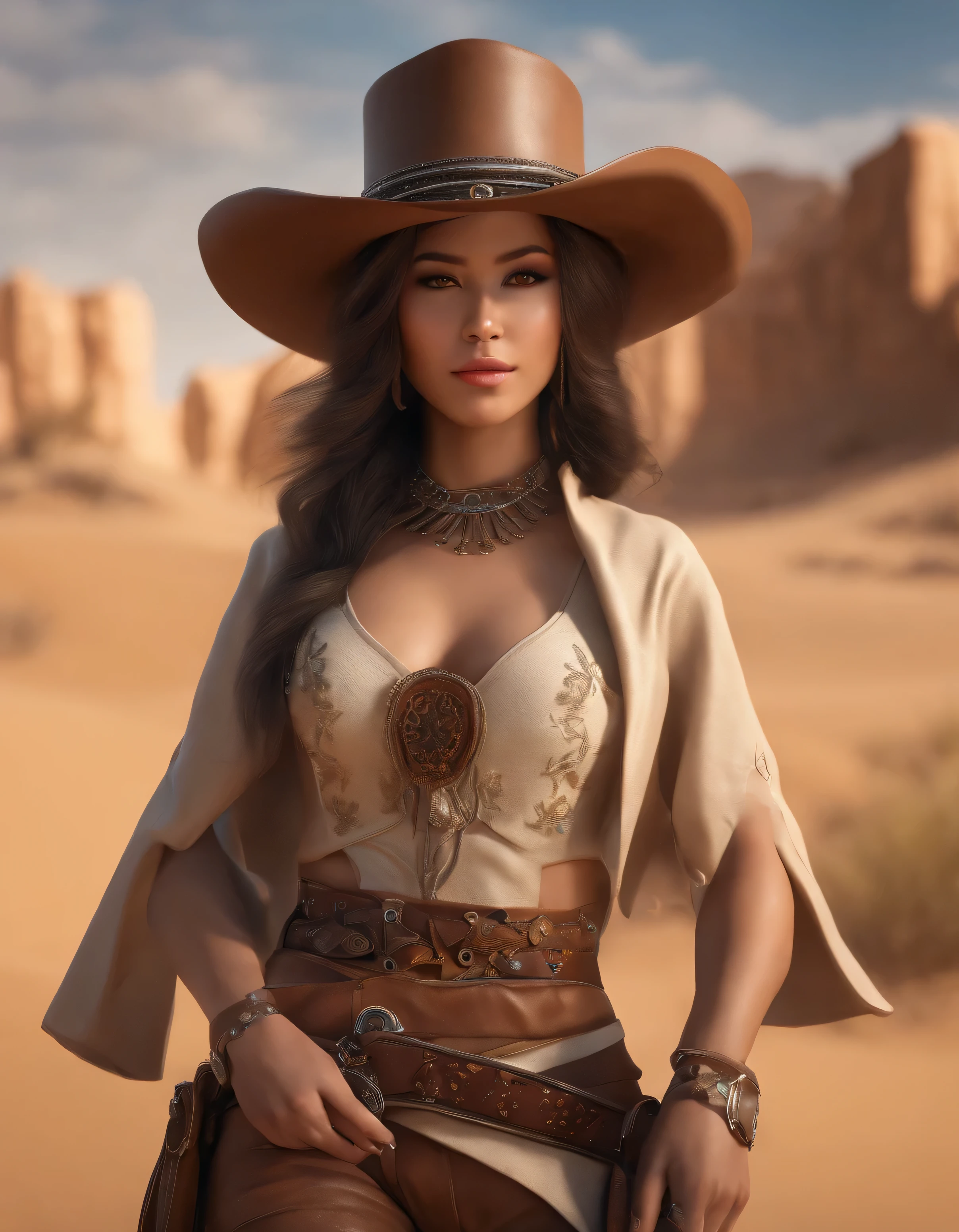 a raiden shogun ei, happy seductive girl, in a desert, cowgirl outfit, beautiful detailed eyes, beautiful detailed lips, extremely detailed eyes and face, long eyelashes, intricate detailed clothing, leather cowgirl outfit, cowboy hat, high heels, jewelry, sun-kissed skin, desert landscape, sand dunes, cliffs, blue sky, warm lighting, cinematic composition, photorealistic, 8k, hyper detailed, masterpiece