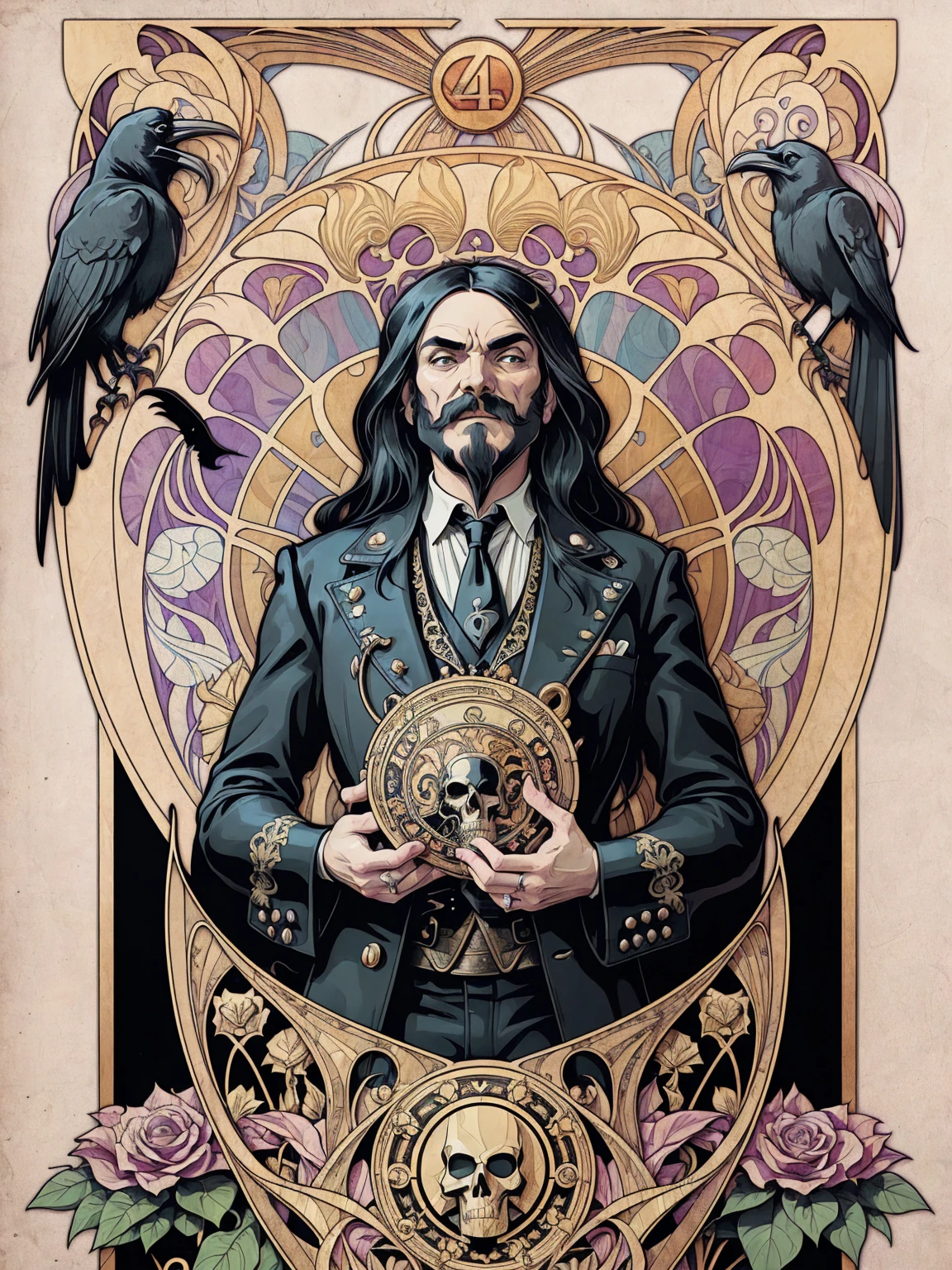 ((Art Nouveau Style)); Lemmy Kilmister as the King of Spades; gold flower, ravens, plant, skull, black flower; symmetrical with thick lines, Fibonacci, golden ratio, 3D metal structure tessellation, neural graphic, neurons, color, love, passion, incredibly detailed, 8k, masterpiece, artstation, surreal