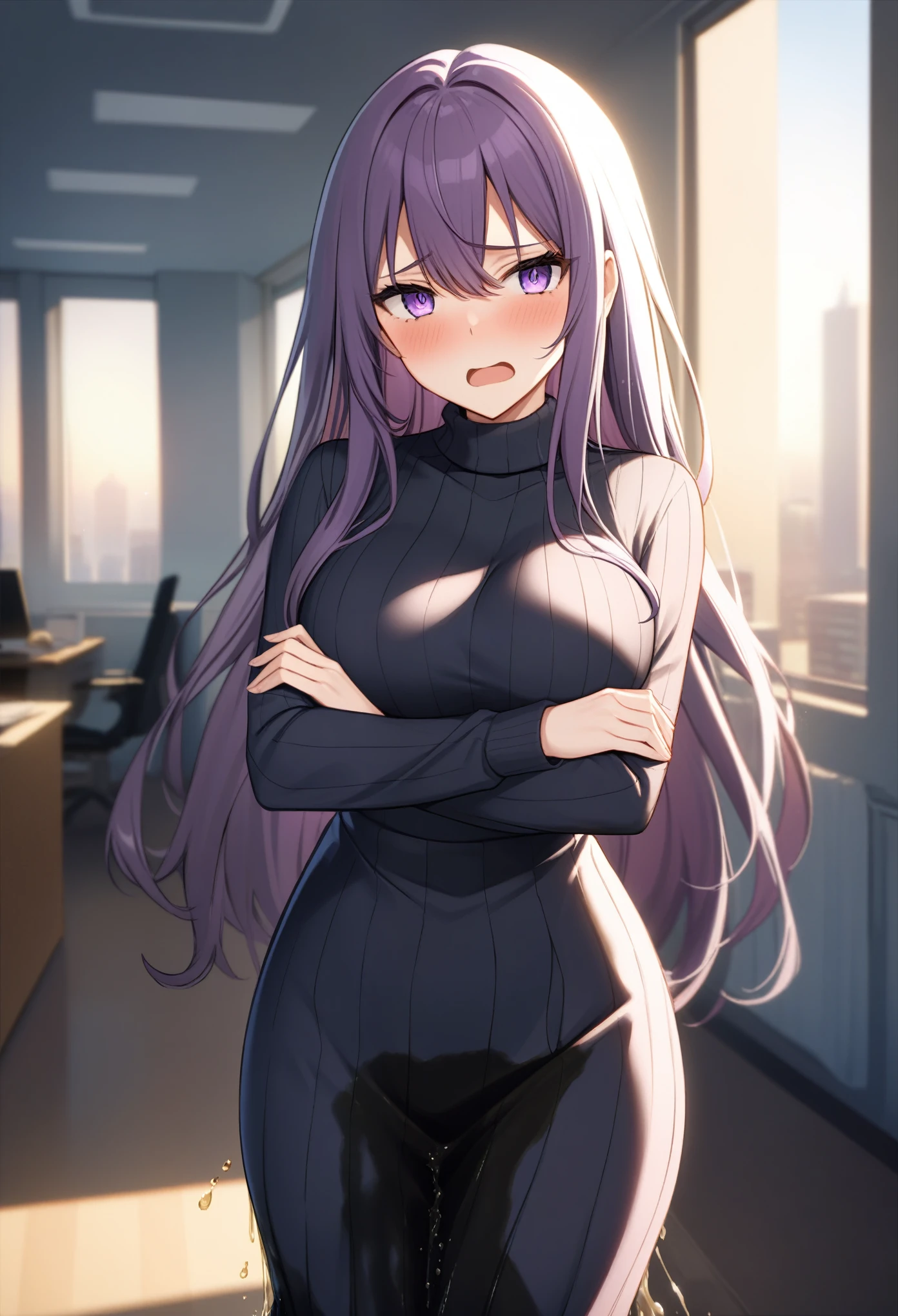 (masterpiece:1.37), best quality, (extremely detailed:1.37), office, window overlooking a bustling cityscape, woman, mature, (very long hair:1.25), dark purple hair, purple eyes, (extremely detailed eyes:1.37) shining eyes, breasts, turtleneck sweater, (long dress:1.25), multicolored dress, (hexagon-pattern dress:1.5), (wetting herself:1.5), standing, (arms crossed:1.5), embarrassed, humiliation, blushing, angry, open mouth, day, daytime, glow, looking at viewer, perfect composition, Perfect light and shadow, 8K