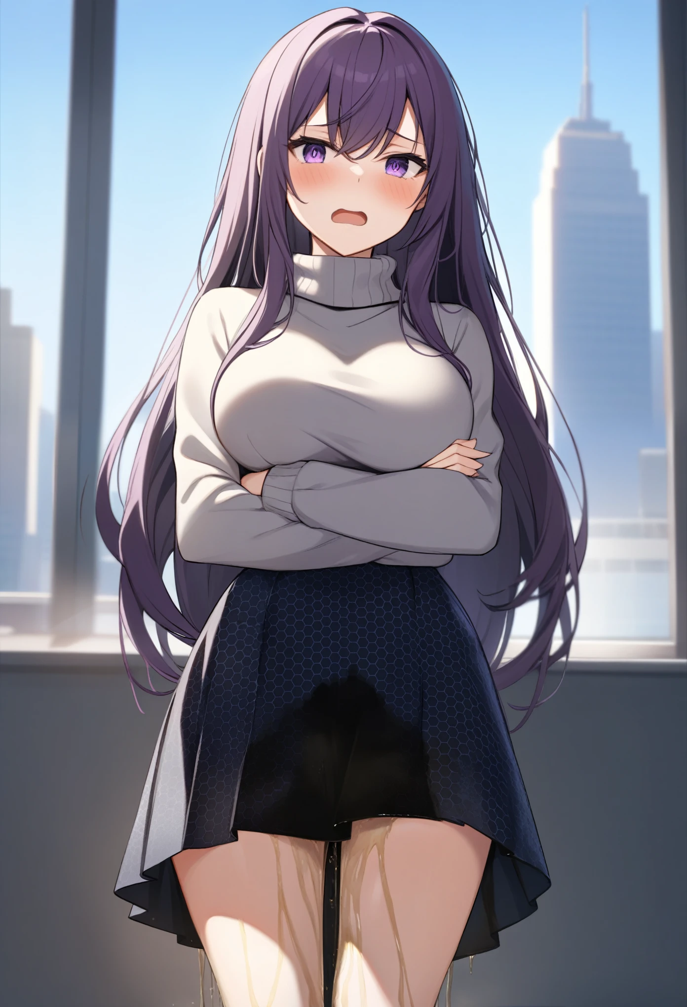 (masterpiece:1.37), best quality, (extremely detailed:1.37), office, window overlooking a bustling cityscape, woman, mature, (very long hair:1.25), dark purple hair, purple eyes, (extremely detailed eyes:1.37) shining eyes, breasts, turtleneck sweater, (long dress:1.25), multicolored dress, (hexagon-pattern dress:1.5), (wetting herself:1.5), standing, (arms crossed:1.5), embarrassed, humiliation, blushing, angry, open mouth, day, daytime, glow, looking at viewer, perfect composition, Perfect light and shadow, 8K