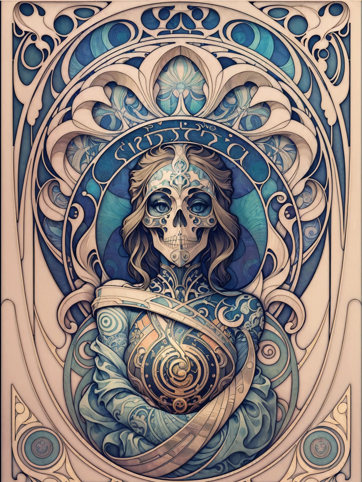 ((Art Nouveau Style)); Skull tattoo design; symmetrical with thick lines, Fibonacci, golden ratio, 3D metal structure tessellation, neural graphic, neurons, color, love, passion, incredibly detailed, 8k, masterpiece, artstation, surreal