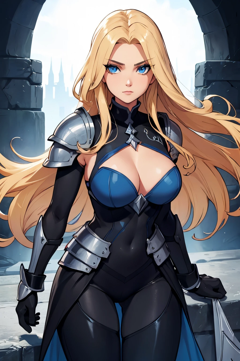 beautiful woman, long blond hair, blue eyes, knight, black leggings, blue outfit, shoulders armor