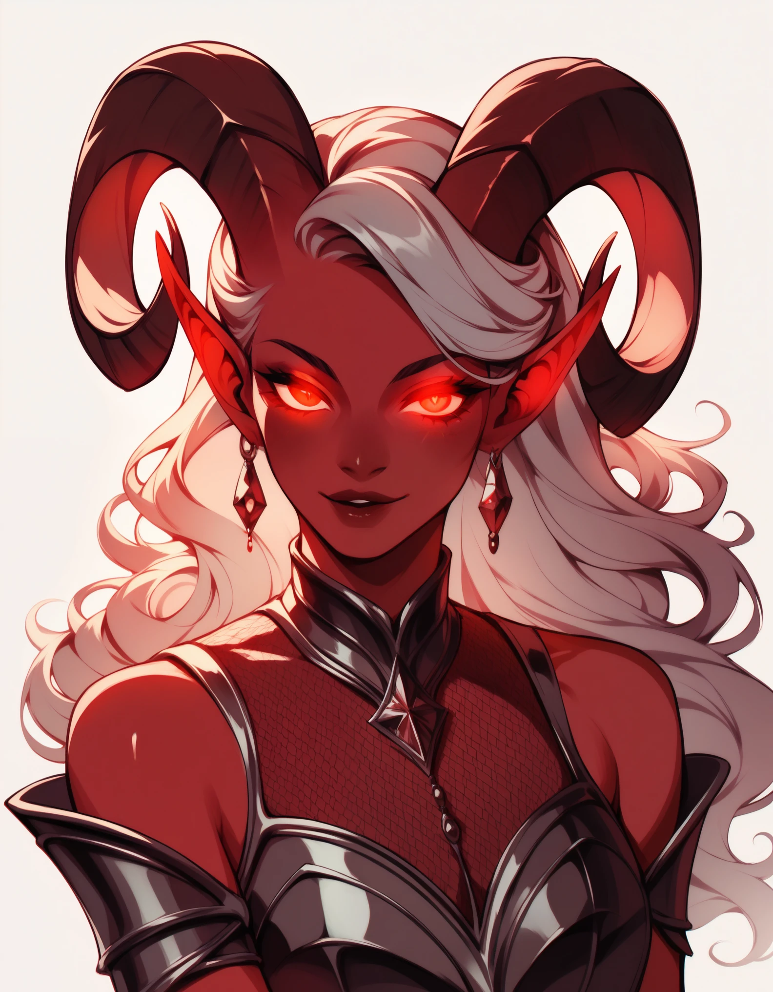 score_9, score_8_up, score_7_up, 1girl, solo, flowing hair, glowing red eyes, curved ram horns, sharp ears, red skin, demoness, stark white background, limited red palette, monochromatic, eerie atmosphere, full plate armor, seductive,