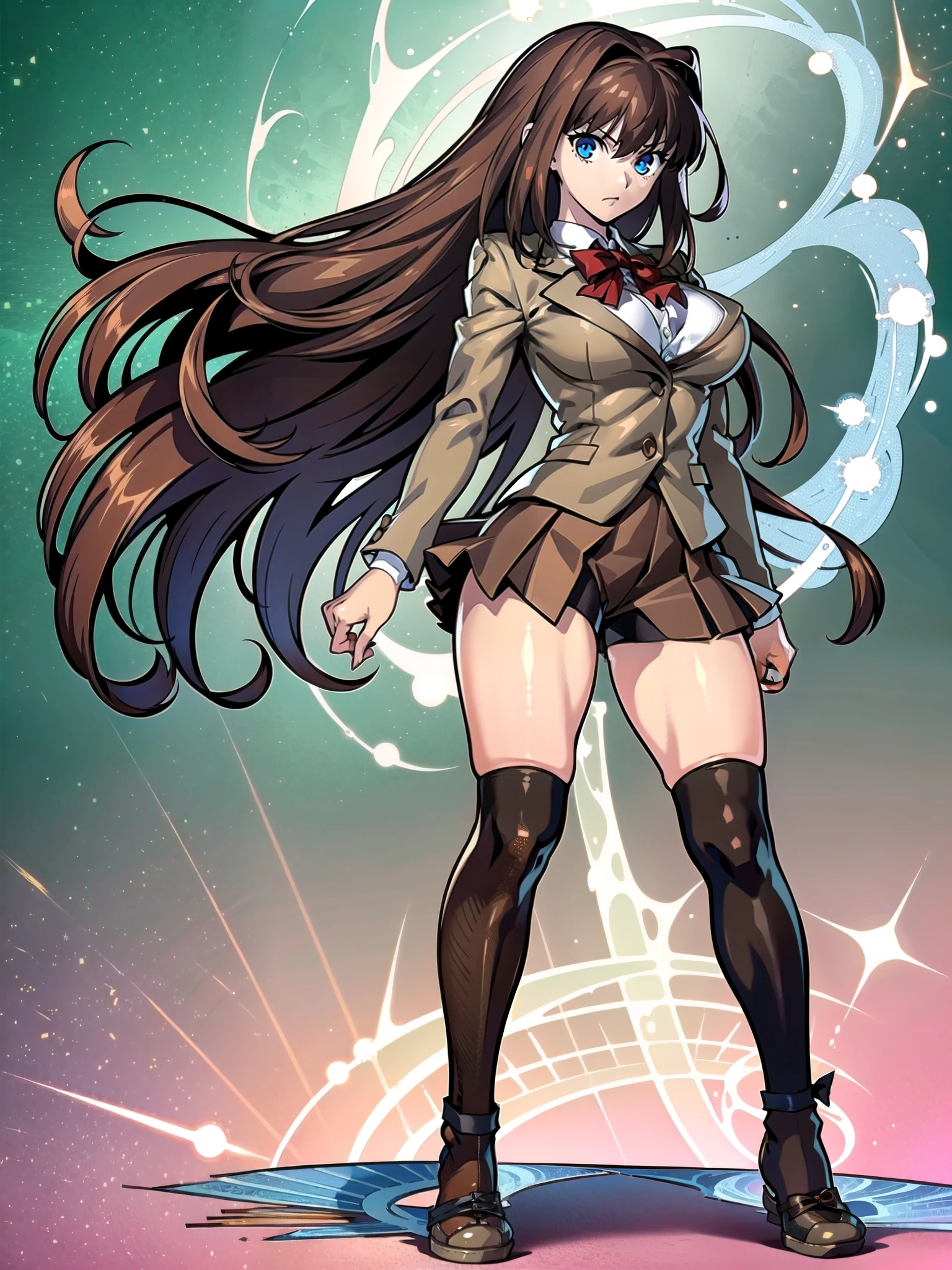 BREAK, centered, BREAK, (EMPTY BACKGROUND), BREAK, (masterpiece), best quality, highest resolution, 8k, illustration, (beautiful detailed eyes:1.5), extremely detailed face, extremely detailed body, CG, perfect hands, perfect anatomy, ((1girl)), ((solo)), (((bbaoko))), ((2 legs max)), ((2 feet max:1.5)), ((swirling vortex shaped longest brown hair:1.5)), (brown longest hair with slightly reddish undertone:1.6), (lush luscious longest brown hair:1.6), (very long voluminous longest brown hair:1.5), serious, blue eyes, red bowtie, (Form-fitting beige blazer:1.5), brown jacket, (highly detailed beautiful face:1.2), (white shirt:1), (well shaped large breasts:1.6), (nice hips:1), pretty legs, ((thigh-high black stockings:1.5)), ((Umber pleated skirt:1.6)), (((bike shorts:1.5))), (toned visible skin thighs:1.6), (strap shoes brown color), (facing front:1.5), ((standing straight:1.5)), ((Fullbody in frame:1.5)), ((Full body:1.5)), (takeuchi takashi:1.3)

