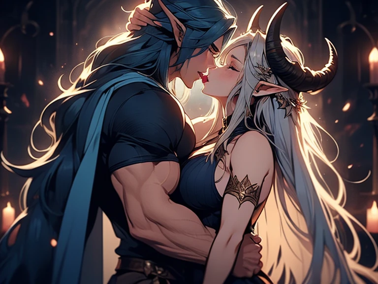 (female elf and male elf) (male elf with big muscles and long dark blue hair) a tall long haired male elf with dark blue long hair and big muscles and demon horns kisses a female blonde elf, tongue kiss, lovers, intense kiss