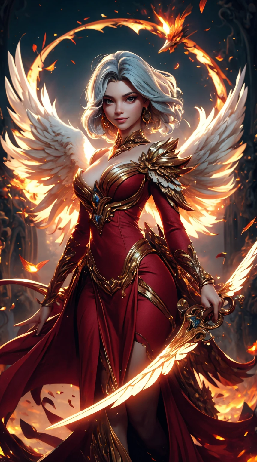 A woman in a red dress with wings and a sword Tia is shown to have a fairly slender figure. She has white-grey hair , she has short hair and large pale green eyes, A stunning photo shows a girl standing proudly on top of an old abandoned castle, with a phoenix flying behind her with sparkling fiery wings. The girl appears to exude strength and confidence. She is wearing a long red silk dress, and her hair sways in the air with every strong gust of wind. Her eyes were adorned with a firm and kind look, shining with a constant smile on her face. As for the phoenix that erupts behind her with its flaming wings, it looks like a mythical creature that combines beauty and strength, and when the sunlight mixes with its shining wings, an amazing light radiates, adding an additional magic to the picture., cleavage exposed, big breasts, superior quality, many details, Puri focus Sharp and realistic