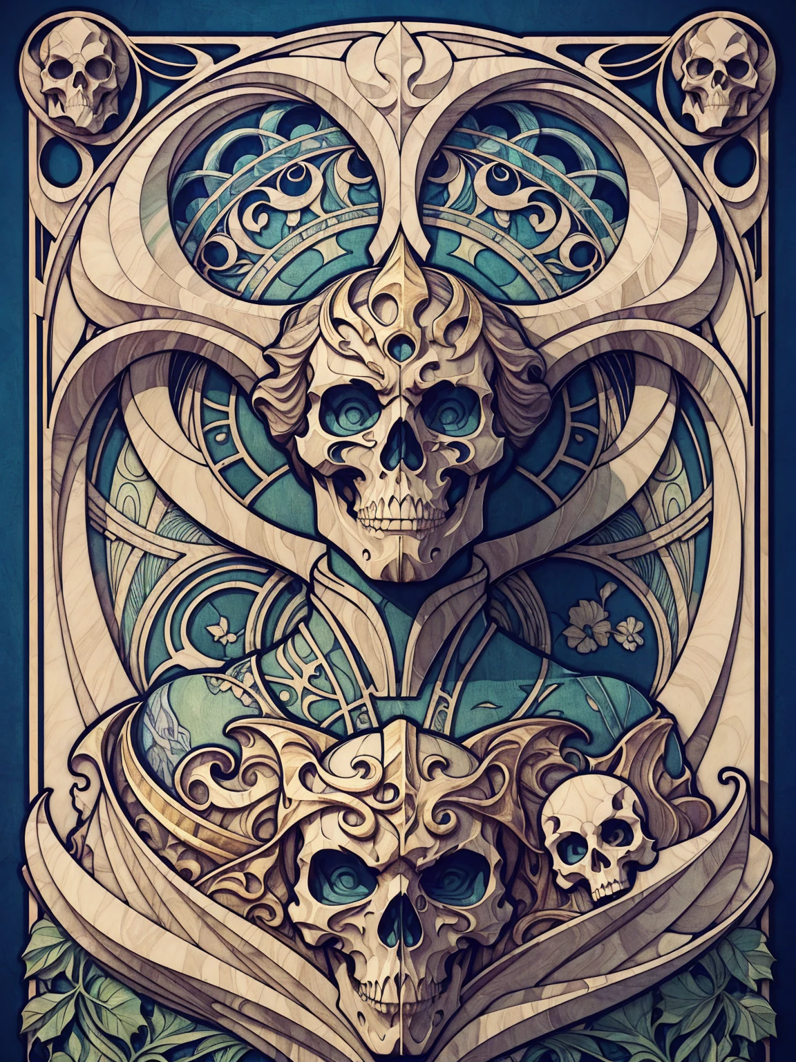 ((Art Nouveau Style)); Stone Cold Steve Austin Skull; symmetrical with thick lines, Fibonacci, golden ratio, 3D metal structure tessellation, neural graphic, neurons, color, love, passion, incredibly detailed, 8k, masterpiece, artstation, surreal