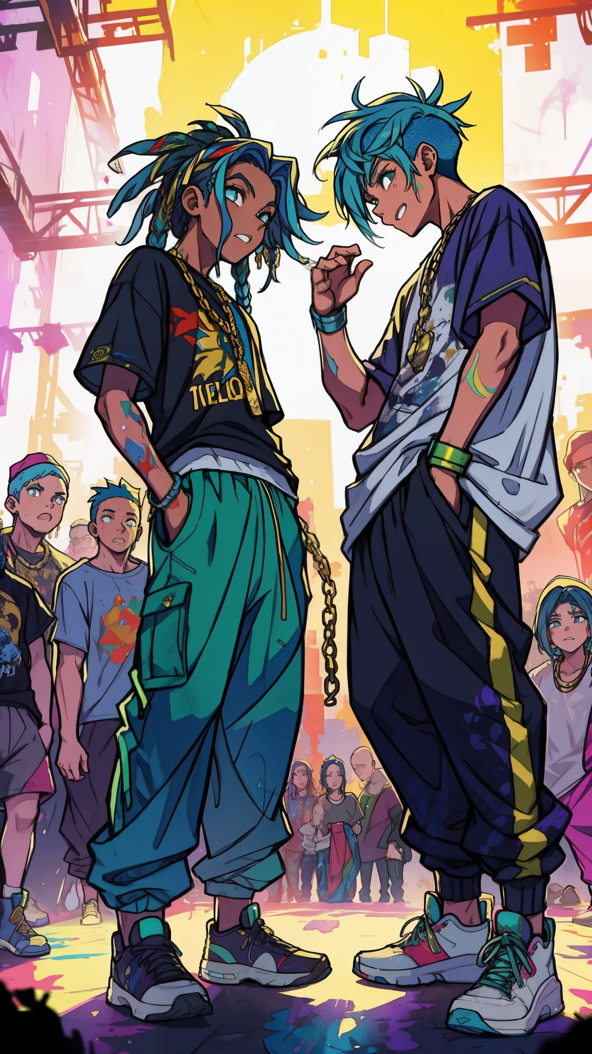 Two teenagers facing off in a breakdancing battle, one with blue hair styled in dreadlocks and the other with a shaved head and vibrant green streaks. They wear baggy pants, oversized t-shirts with bold graphics, and gold chains. A portable speaker blasts hip-hop beats as the crowd gathers around them, fantasy world, dark background, clean design, epic, artstation, colorful paint splatter, silhouette, hyper detailed intricate details, unreal engine, fantasy, splash screen, complementary colors, deviantart masterpiece, oil painting, heavy strokes, paint dripping, indifferent expression