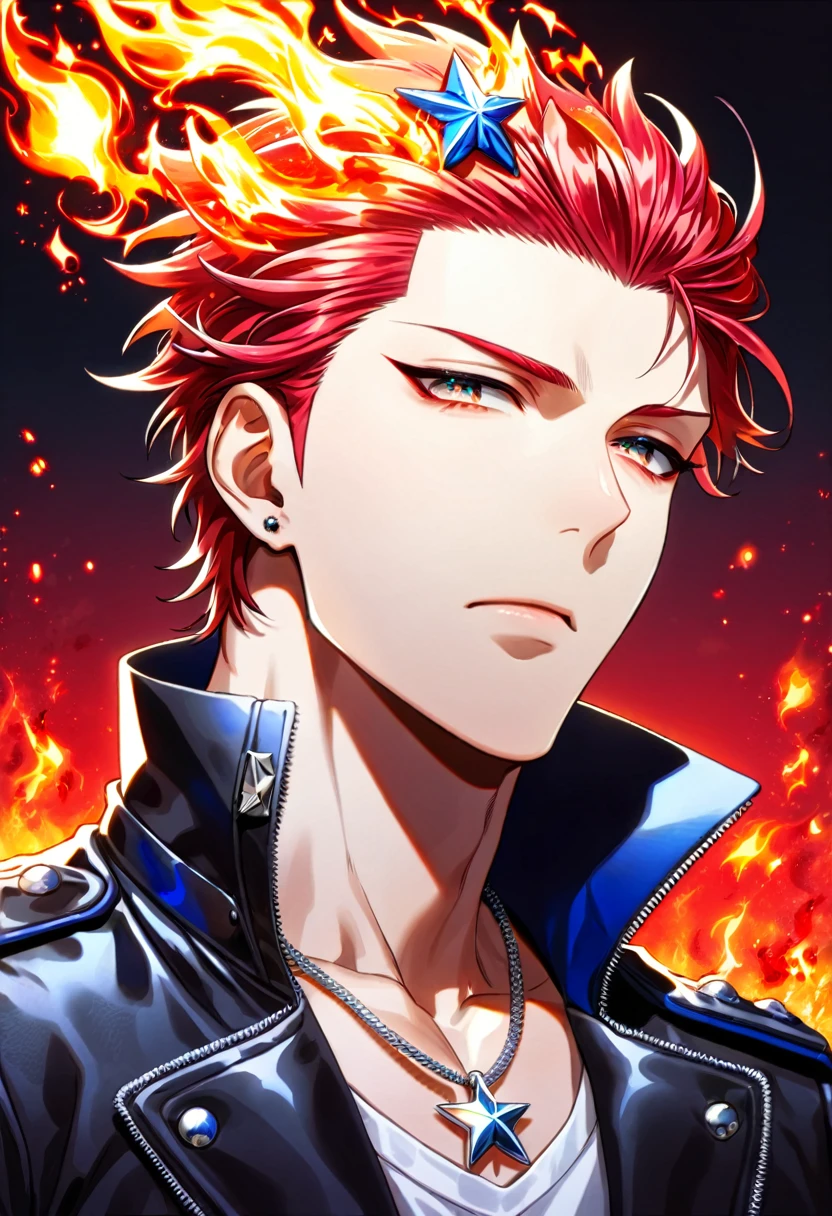 (absurdres, highres, ultra detailed, HDR) master piece, best quality, delicated features, Suoh Mikoto, red hair, hair is kept short, ruffled, slicked back and spiked, with two strands of hair near the opposite sides of his head falling over his face, expressive amber eyes, K Project, solo, sexy man, handsome, black leather jacket with a black fur collar, a white V-neck shirt underneath, blue jeans, silver star-shaped necklace, silver stud earring, silver ring, fire, magic, red sky, red butterflies