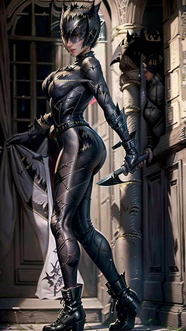 highest quality、masterpiece、8k、Realistic、超High resolution、Very delicate and beautiful、High resolution、Cinema Lighting、medium range shooting、Portraiture、Perfect female body、(Big Breasts:1.6)、Opposition、Looking at the audience、((Catwoman:1.6))、Deep green eyes、Colours in harmony with nature、strong, Physically slim、A smile suits you、strong and muscular physique、Feel the strength of a warrior.、Tanned healthy skin、The perfect color for outdoor activities、((Durable Armor and Boots:1.6、Minimalist decor、Emphasis on mobility and protection、Has a double-edged axe:1.3))、Warm and smiling、Be considerate、Approachable、hole々walk with purpose、Confident Steps。
