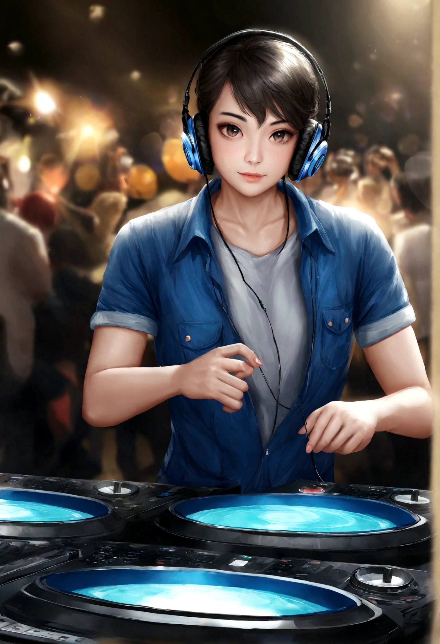 un testaferro, alta calidad, realista, ultra realista, vistiendo una camisa azul de manga larga con detalles negros, encapuchado, Ojos azules brillantes, con efectos, DJ