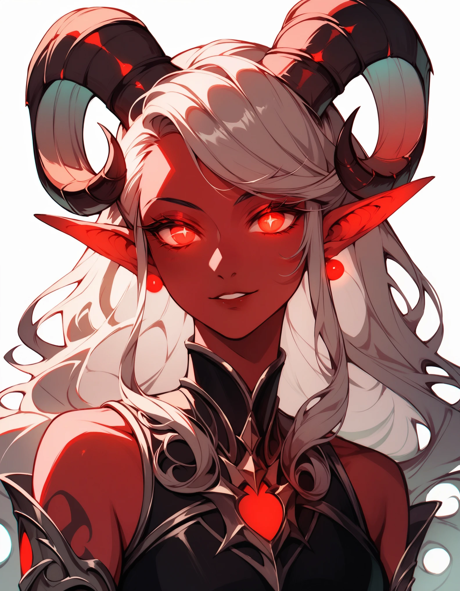 score_9, score_8_up, score_7_up, 1girl, solo, flowing hair, glowing red eyes, curved ram horns, sharp ears, red skin, demoness, stark white background, limited red palette, monochromatic, eerie atmosphere, full plate armor, seductive,