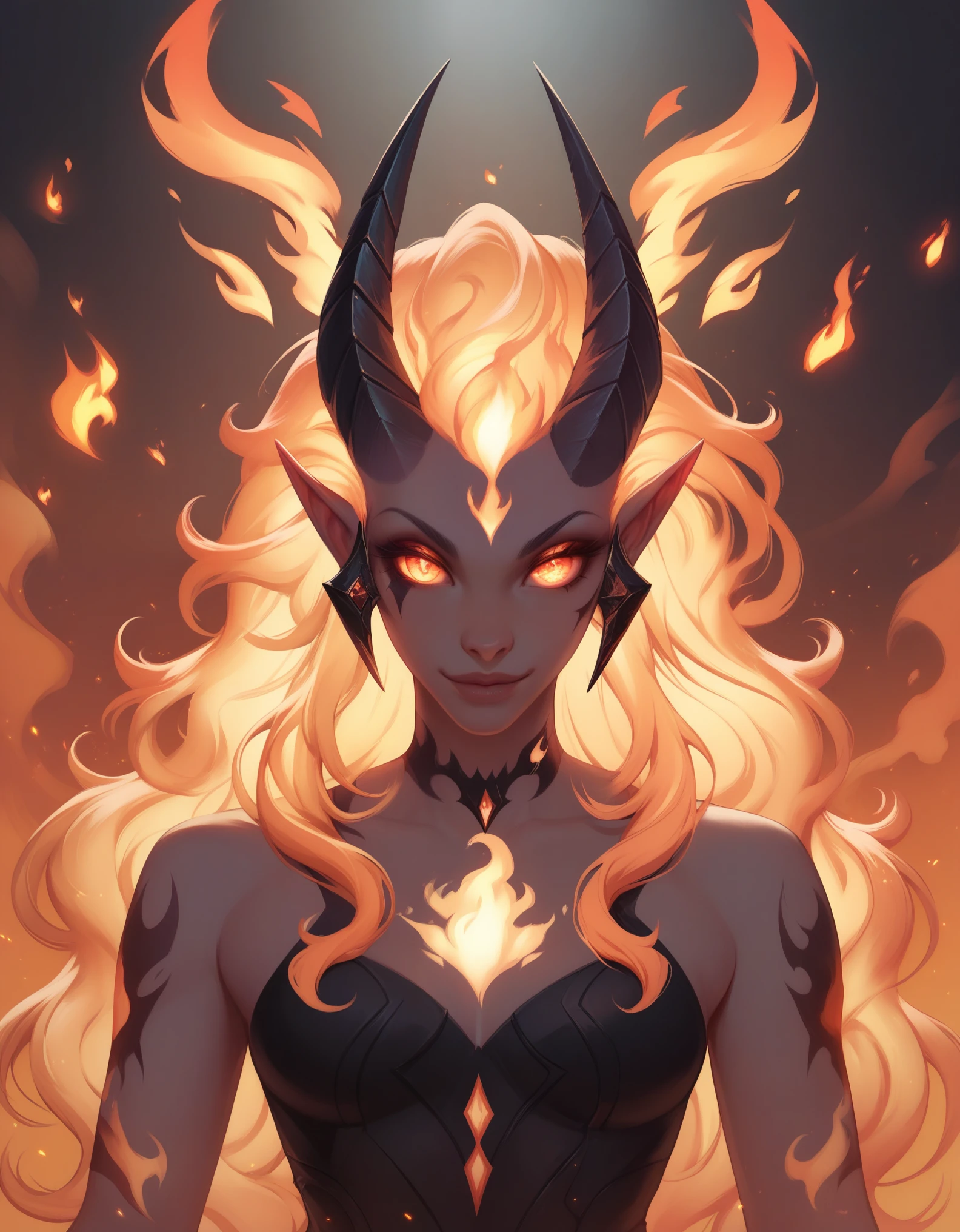 Emerging from the flames of hell、She wore a bright red mini see-through dress.、Goddess of Fire、A provocative smile with tongue out
