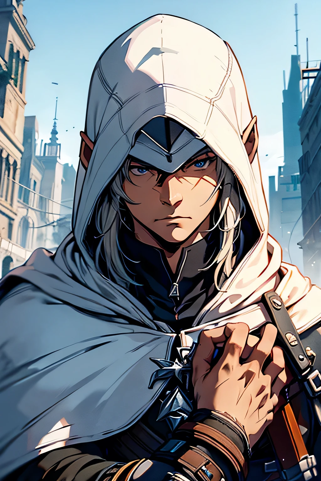 man, anime, Archer, assassin's creed style, white cape, elf, technological, 4k, very detailed face, detailed hands

