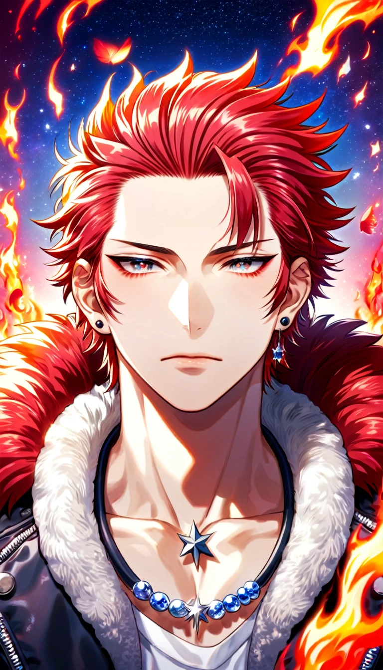 (absurdres, highres, ultra detailed, HDR) master piece, best quality, delicated features, Suoh Mikoto, red hair, hair is kept short, ruffled, slicked back and spiked, with two strands of hair near the opposite sides of his head falling over his face, expressive amber eyes, K Project, solo, sexy man, handsome, black leather jacket with a fur collar, a white V-neck shirt underneath, blue jeans, silver star-shaped necklace, silver stud earring, silver ring, fire, magic, red sky, red butterflies, starry, moon