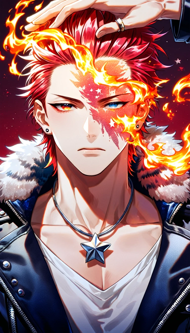 (absurdres, highres, ultra detailed, HDR) master piece, best quality, delicated features, Suoh Mikoto, red hair, hair is kept short, ruffled, slicked back and spiked, with two strands of hair near the opposite sides of his head falling over his face, expressive amber eyes, K Project, solo, sexy man, handsome, black leather jacket with a fur collar, a white V-neck shirt underneath, blue jeans, silver star-shaped necklace, silver stud earring, silver ring, fire, magic, red sky, red butterflies, starry, moon