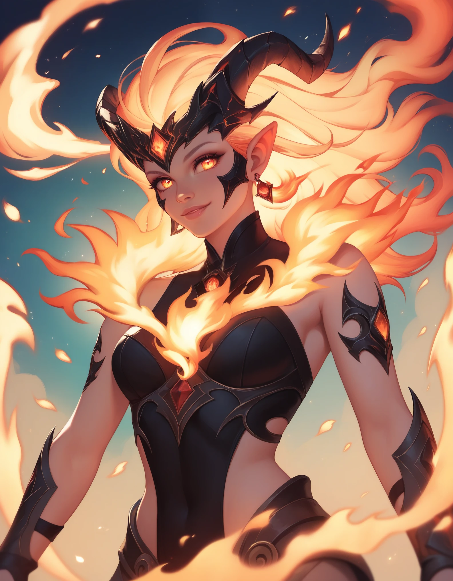 score_9, score_8_up, score_7_up, fire elemental, high fantasy, cute creature, swirling fire, transparent, ethereal, majestic, detailed digital art, expressive eyes, fiery sky background, magical elements,