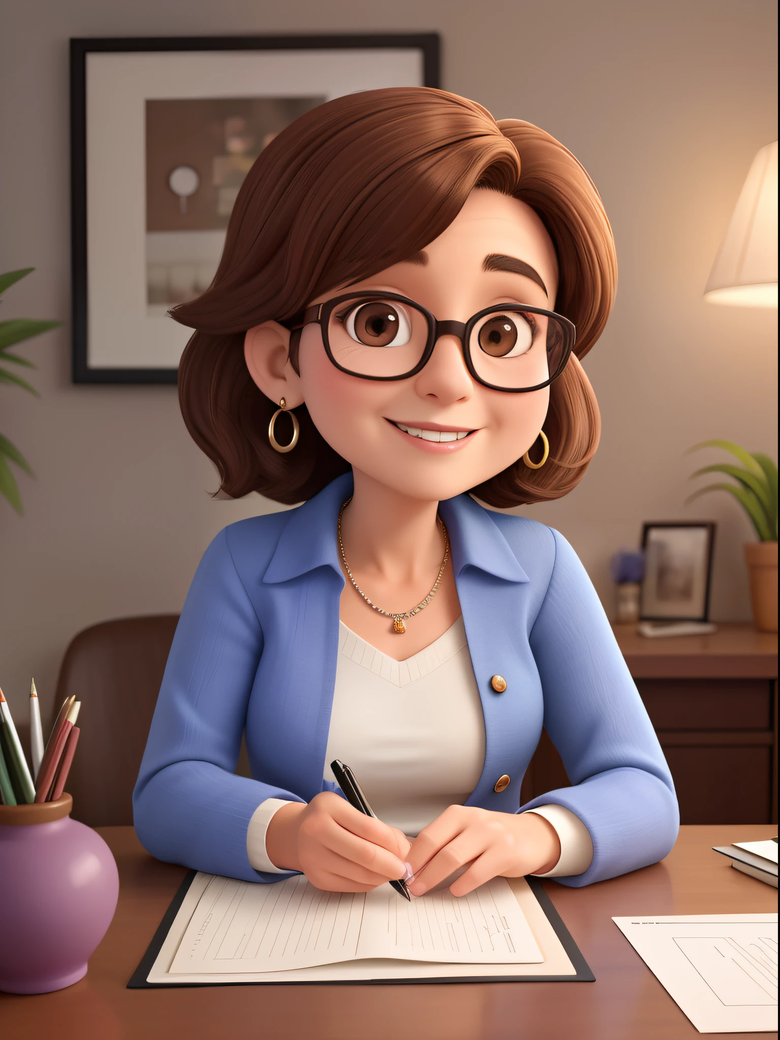 mulher de 50 anos, com cabelo castanho curto,,,,, Rosto redondo, Rosto redondo and charming smile, e olhos castanhos, wearing glasses, pequenos brincos nas orelhas, Sitting at a table of orchids,Conselheiros de Carreira,We will be happy to consult you about your work...,with experience,Sitting in front of a university professor,Segure a caneta voltada para frente,Listen to the counselor