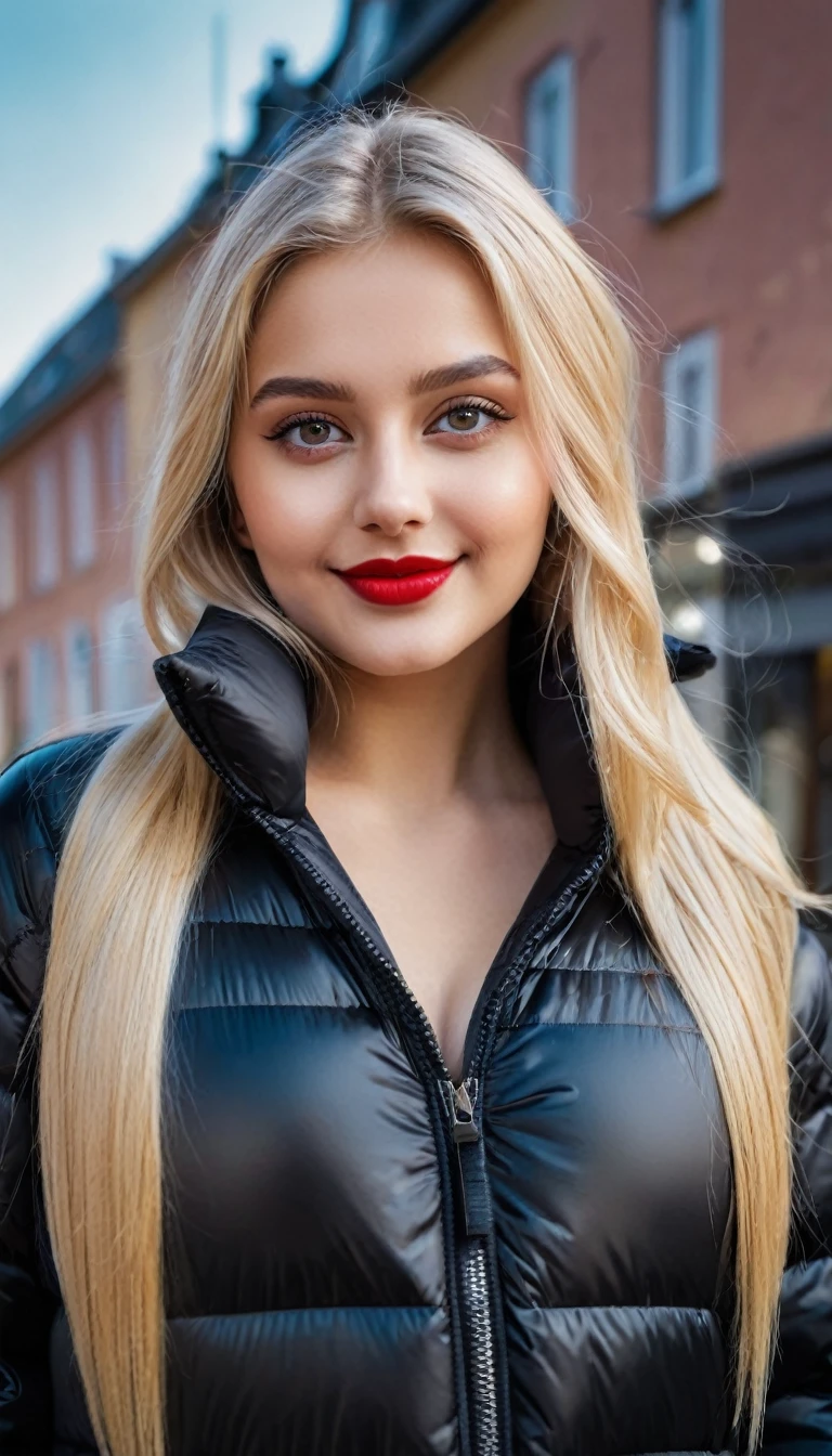 hyperrealistic beautiful busty 19-year-old woman with long legs wearing casual winter outfit with shiny black puffer coat, model shooting full body photography, bleached blonde very long straight hair, soaky wet skin, dark eye makeup with eyeliner, seductive smile, red lips, 8K, Best quality, Meisterwerk, ultra high resolution, (Realismus: 1.4), Originalfoto, (realistische Hautstruktur: 1.3), (Filmkorn: 1.3), (Selfie-Winkel), 1 girl, Beautiful round hazel eyes and facial details, Meisterwerk, Best quality, outdoor photography