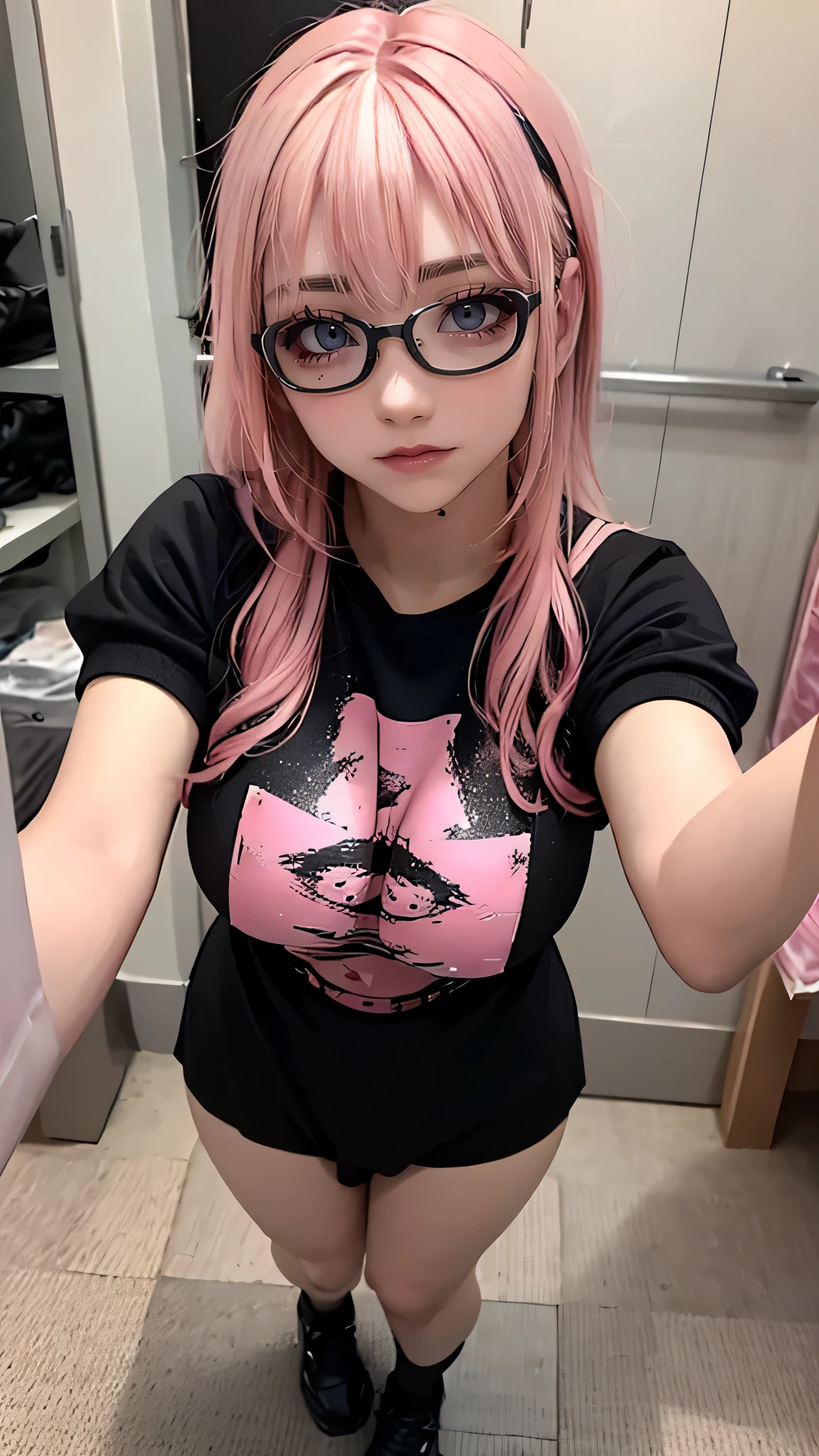 full body,gym uniform,(breast squeeze:1.2),(Thin type:1.5),(large breasts),(wearing glasses:1.5),(The color of her hair is divided from the middle to the left and right into black and pink:1.5),(random hairstyle),(Highest image quality, (8K), Ultra-realistic, Best Quality, High quality, High Definition, high quality texture, high detailing, Beautiful detailed, fine detailed, extremely details CG, Detailed texture, realistic representation of face, masterpiece, presence)