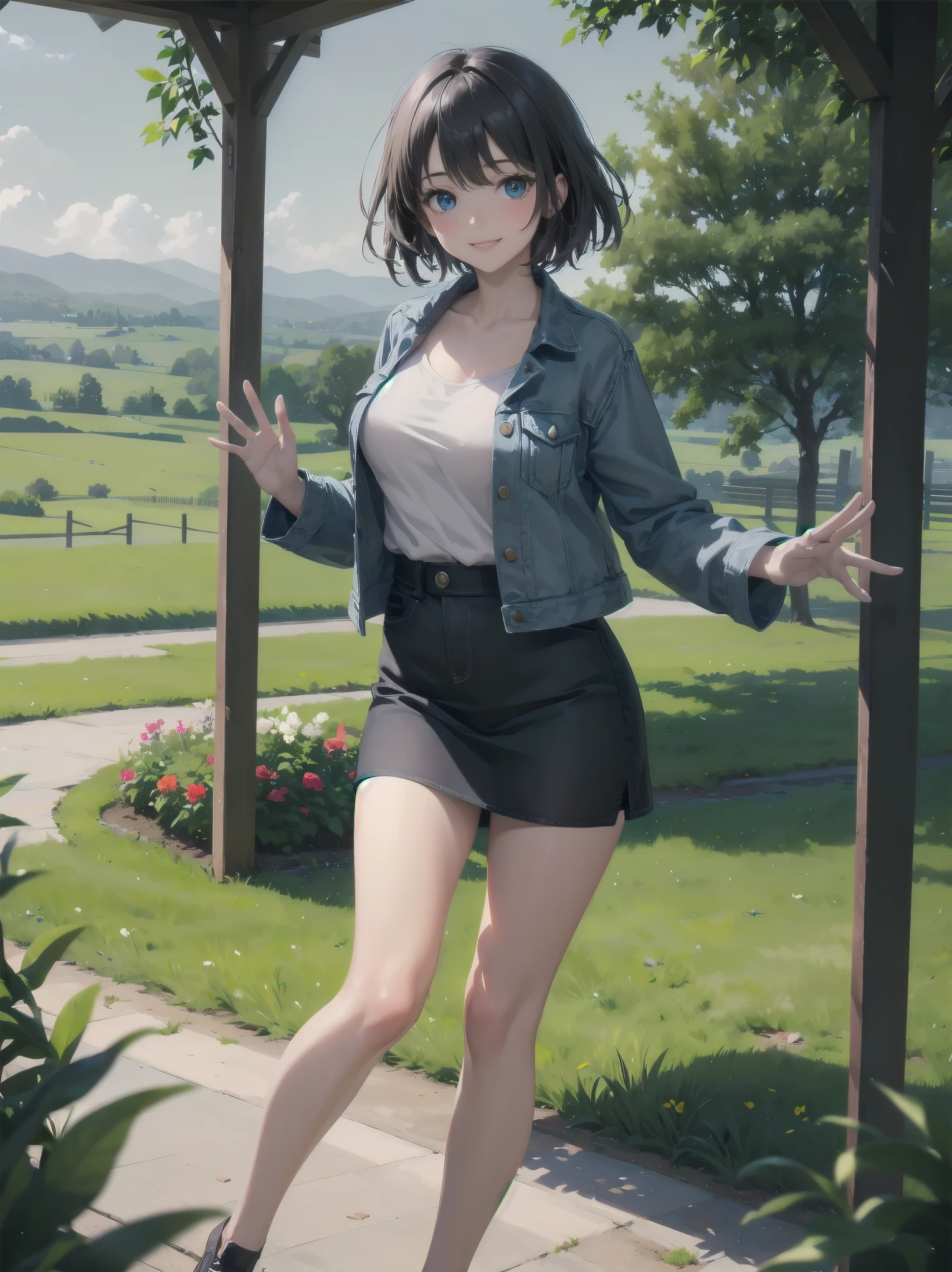 Subject: pretty beautiful girl
Subtitle: {short hair with blue eyes}{casual denim jacket and skirt}{waving pose}{rural landscape}{energetic smile}{high-resolution camera, f/4.0, 1/500 sec, ISO 200, natural light}

A beautiful girl with short hair and striking blue eyes stands in the open countryside. She is wearing a casual denim jacket and skirt and waves her hands cheerfully. Her energetic smile shines brightly and gives vitality to the viewer. The expanse of green countryside in the background is beautiful and the natural light softly illuminates her figure. Shot with a high-resolution camera at f/4.0 aperture, shutter speed 1/500th of a second and ISO 200, the natural light brings out the best of the beautiful girl's charm in this crisp, clear image.