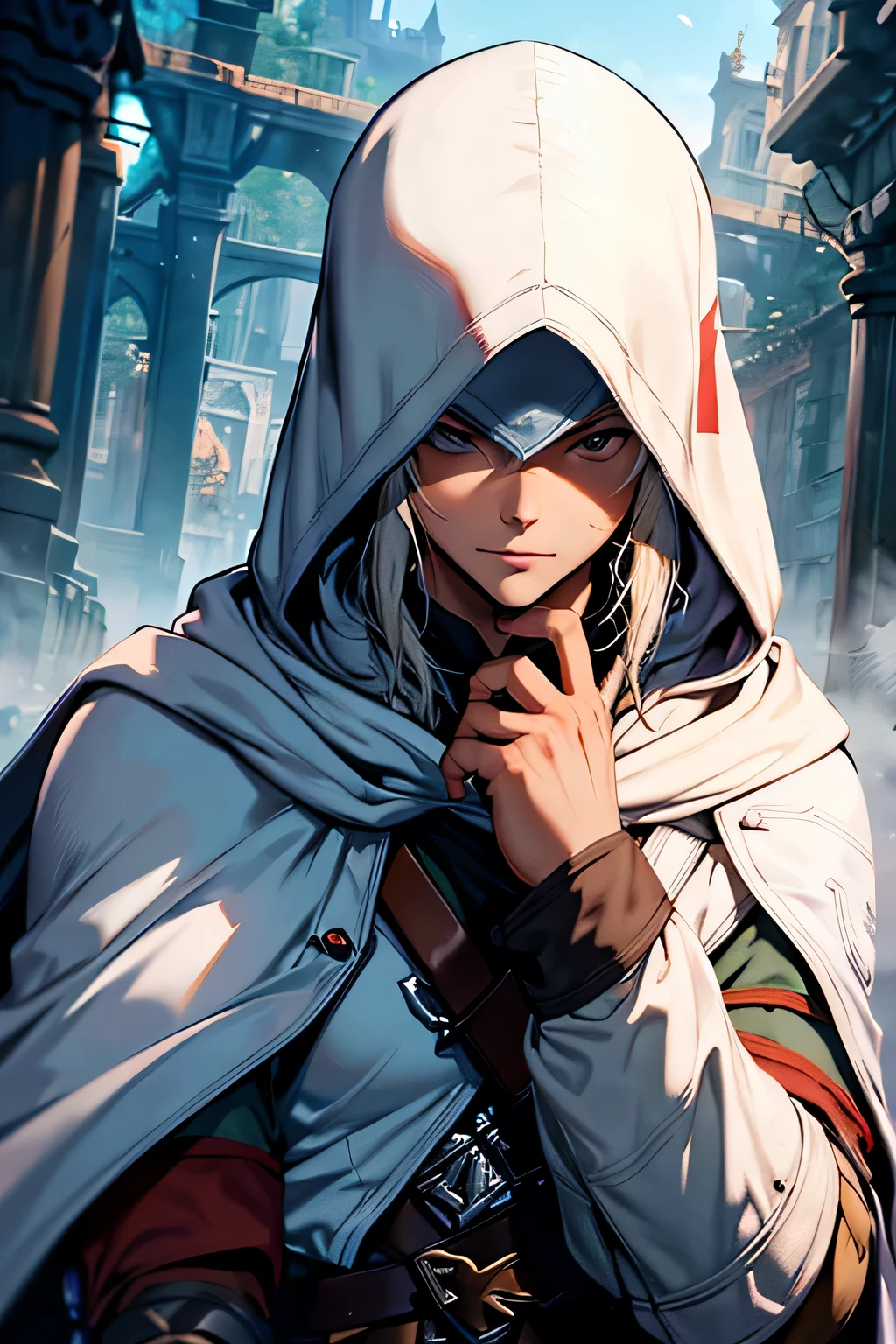 man, anime, Archer, assassin's creed style, white cape, elf, technological, 4k, very detailed face, detailed hands