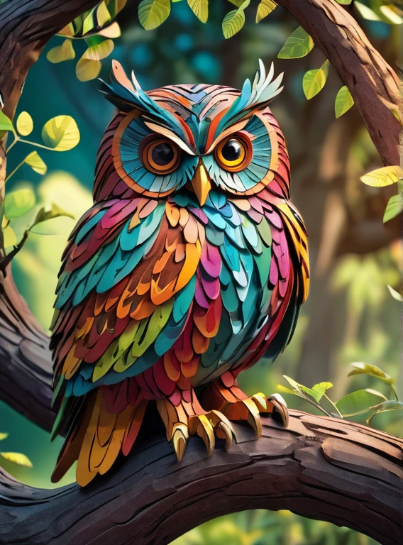 Papercraft, rich vibrant colors, an owl sitting on a tree, masterpiece, 8k, hdr, highly detailed, insane quality